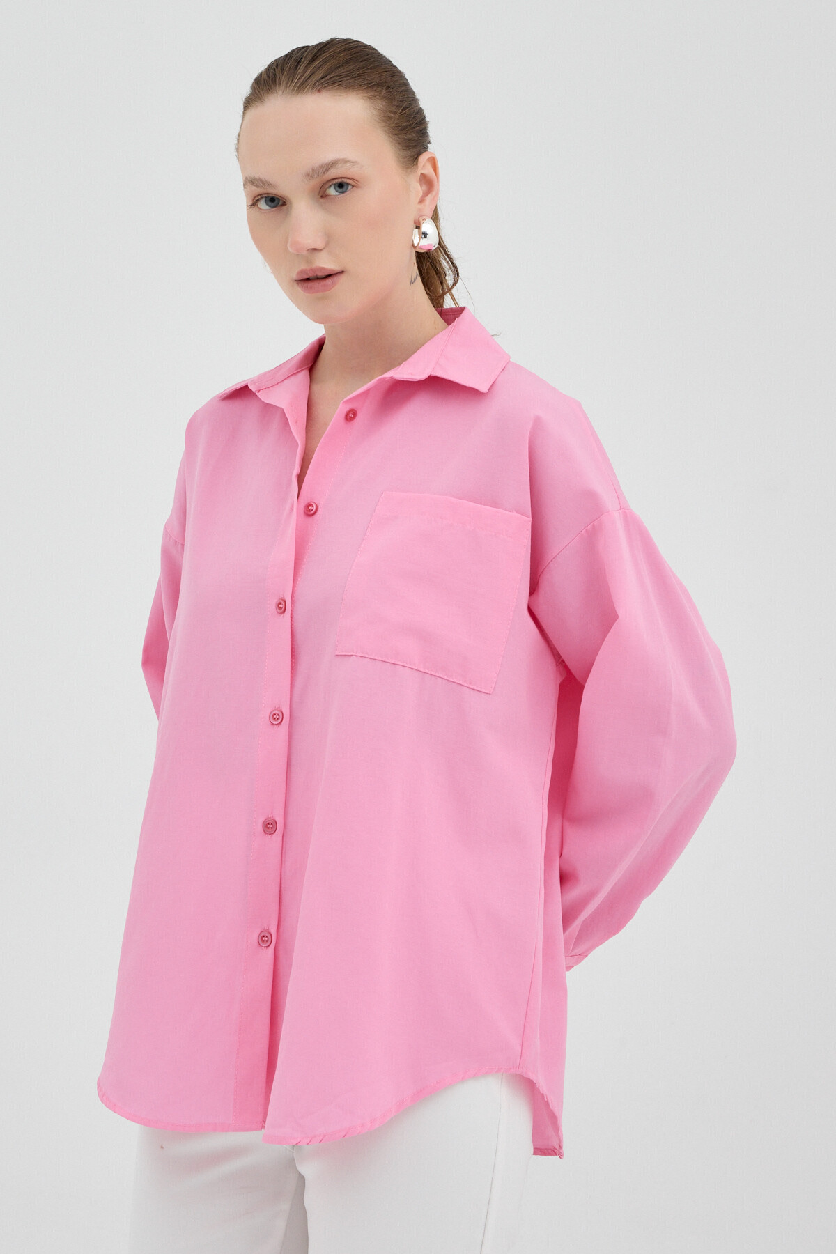 Şeker Pembe Tek Cepli Oversize Gömlek 8158A - 2