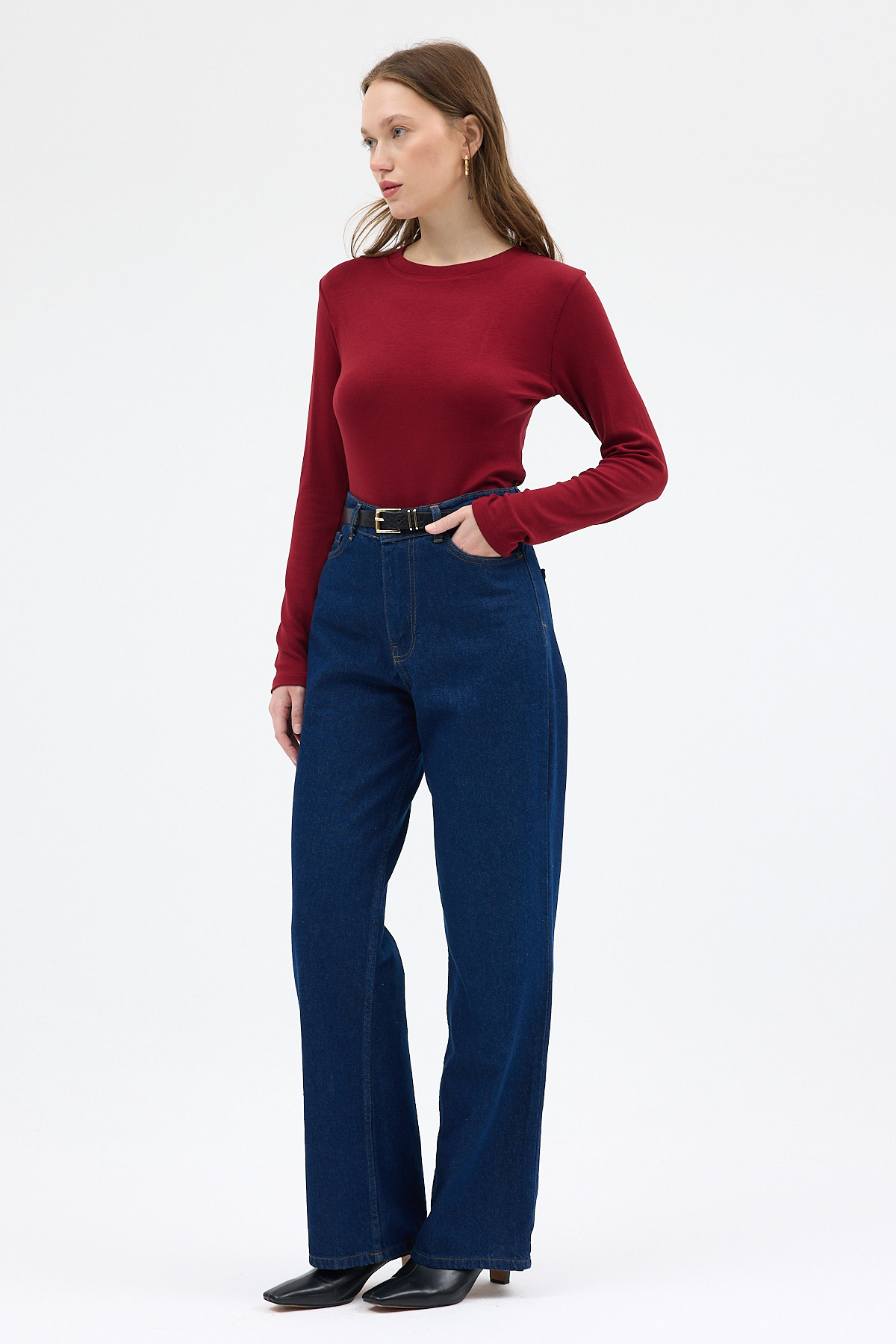 Bordo Premium/Viskoz Yumuşak Kumaşlı Parmak Geçmeli Crop Bluz 8162A - RAYS