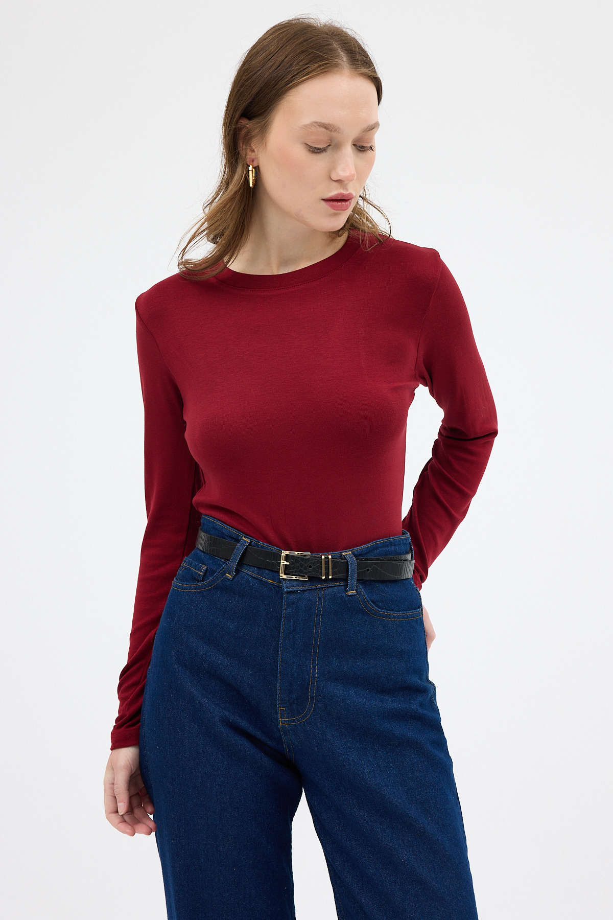 Bordo Premium/Viskoz Yumuşak Kumaşlı Parmak Geçmeli Crop Bluz 8162A - 7