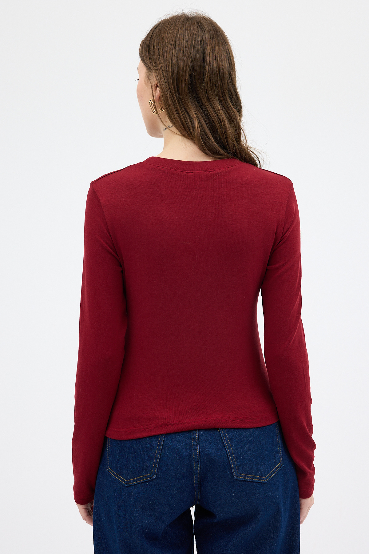 Bordo Premium/Viskoz Yumuşak Kumaşlı Parmak Geçmeli Crop Bluz 8162A - 5