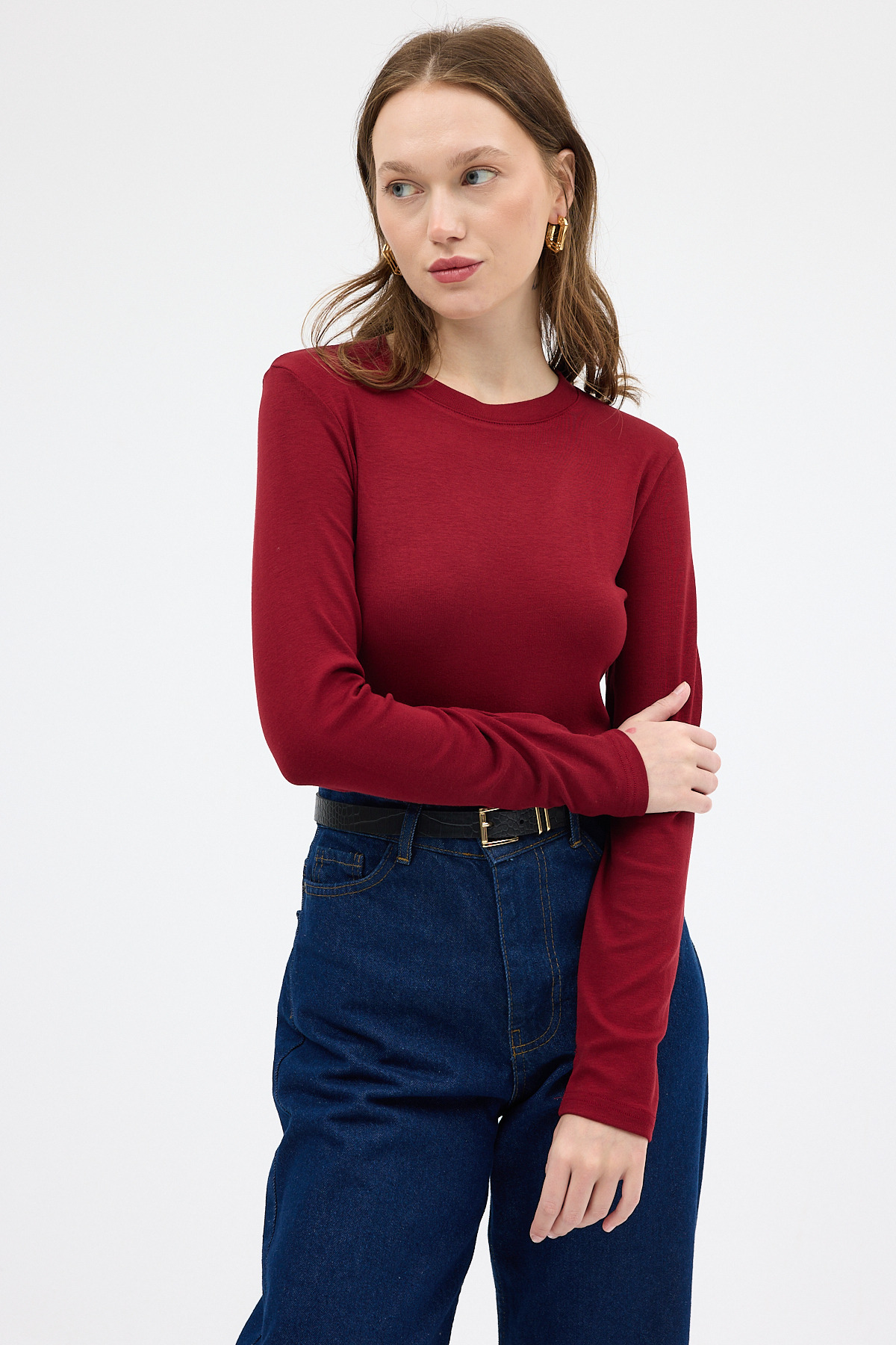 Bordo Premium/Viskoz Yumuşak Kumaşlı Parmak Geçmeli Crop Bluz 8162A - 6