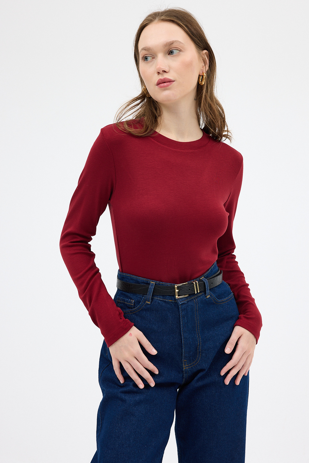 Bordo Premium/Viskoz Yumuşak Kumaşlı Parmak Geçmeli Crop Bluz 8162A - 1
