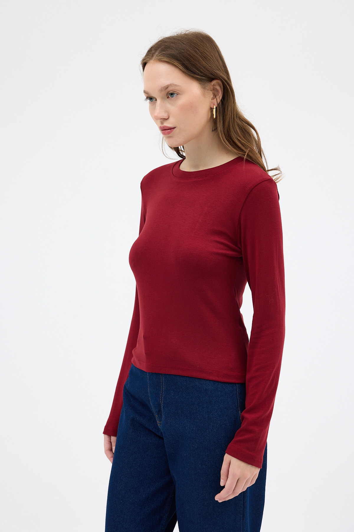 Bordo Premium/Viskoz Yumuşak Kumaşlı Parmak Geçmeli Crop Bluz 8162A - Rays