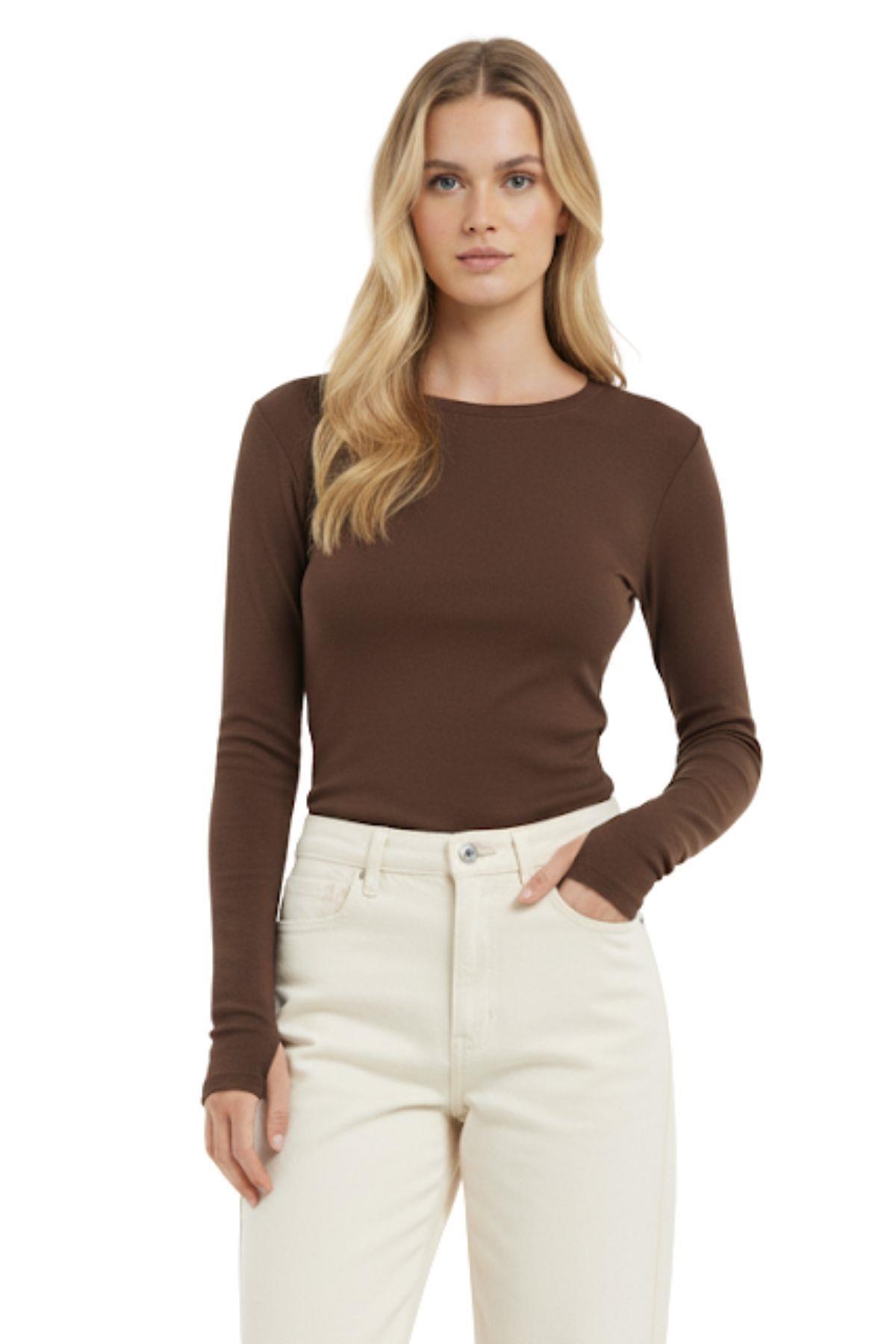Kahve Premium/Viskoz Yumuşak Kumaşlı Parmak Geçmeli Crop Bluz 8162A 