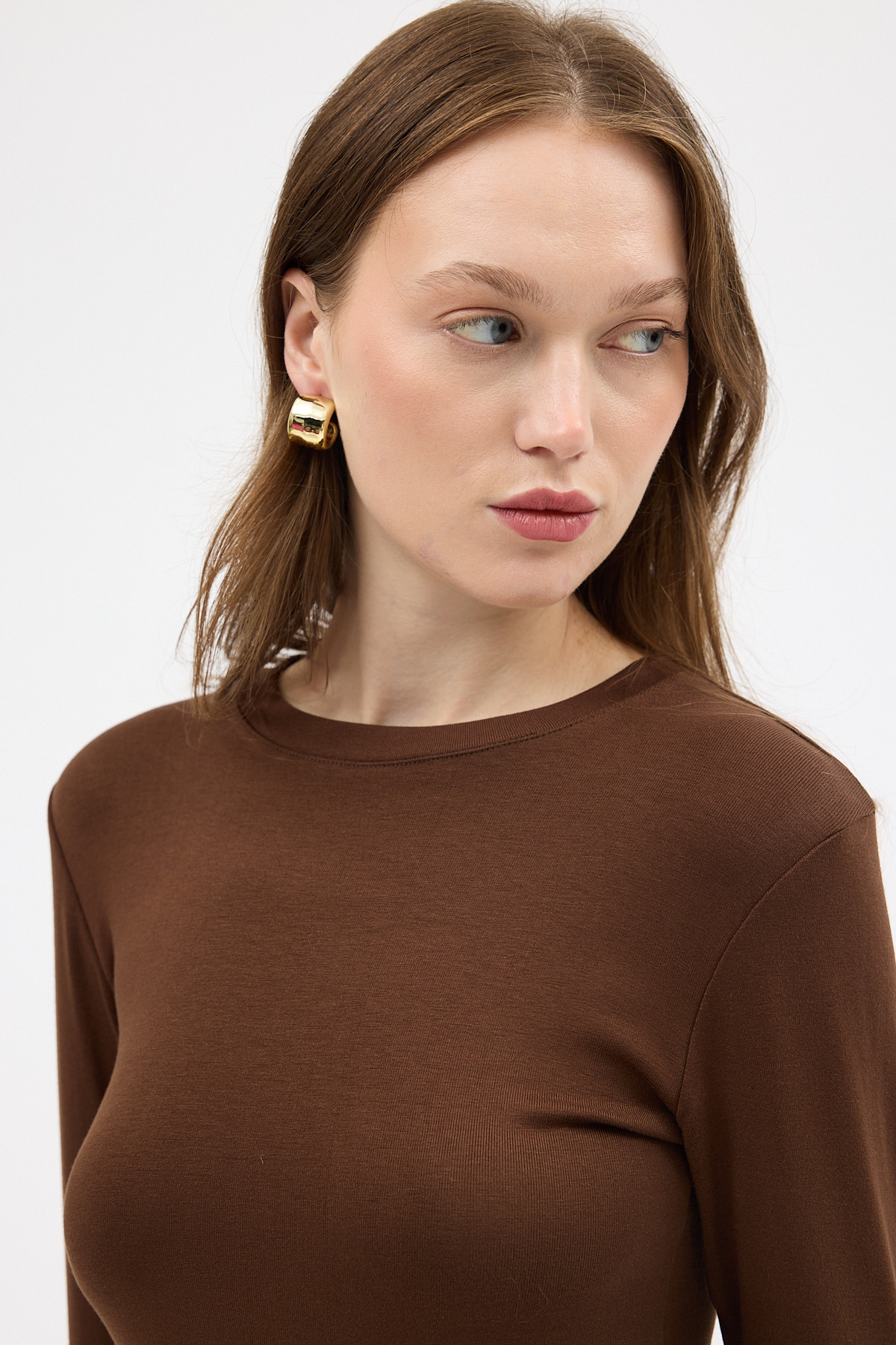 Kahve Premium/Viskoz Yumuşak Kumaşlı Parmak Geçmeli Crop Bluz 8162A - 4