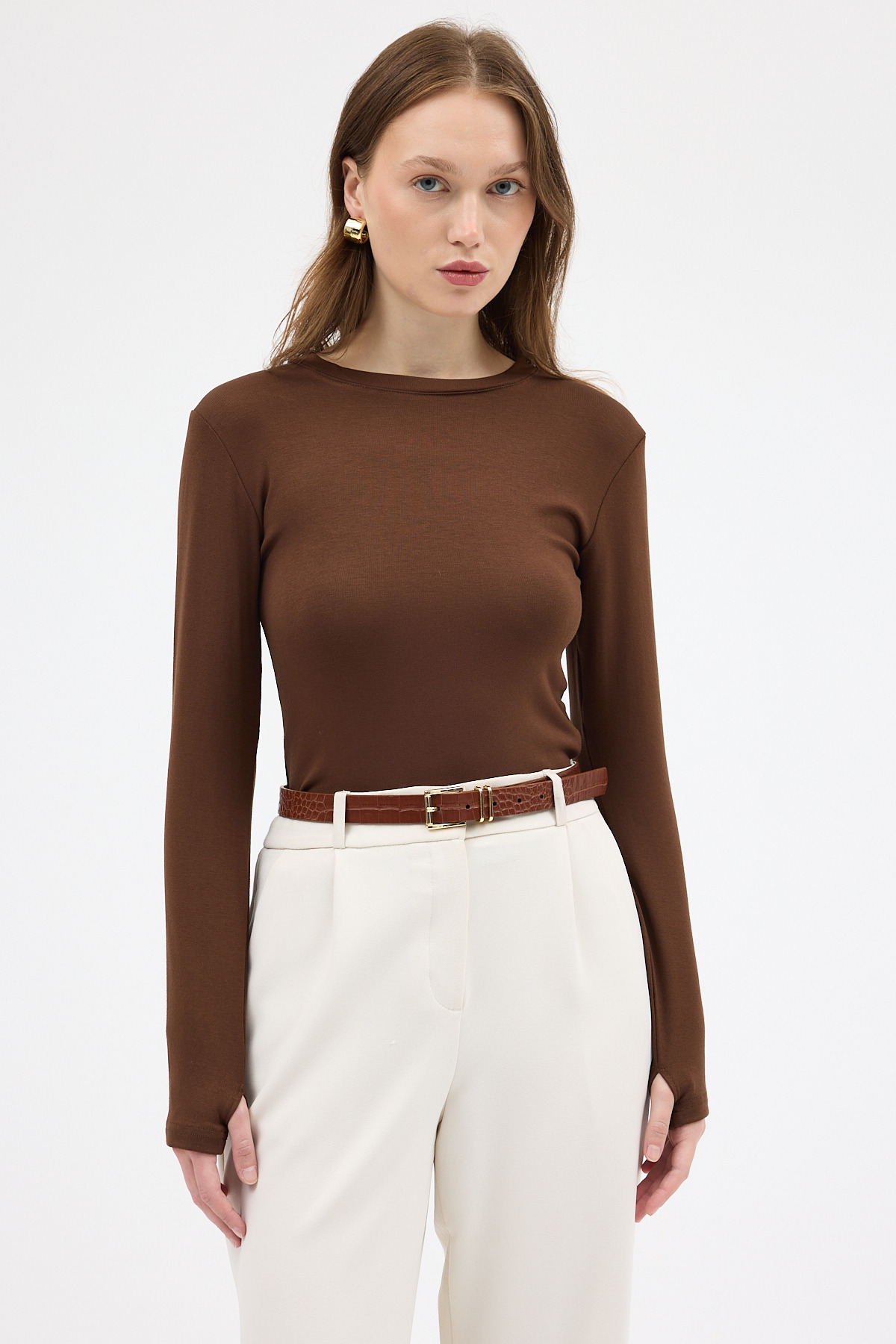 Kahve Premium/Viskoz Yumuşak Kumaşlı Parmak Geçmeli Crop Bluz 8162A 