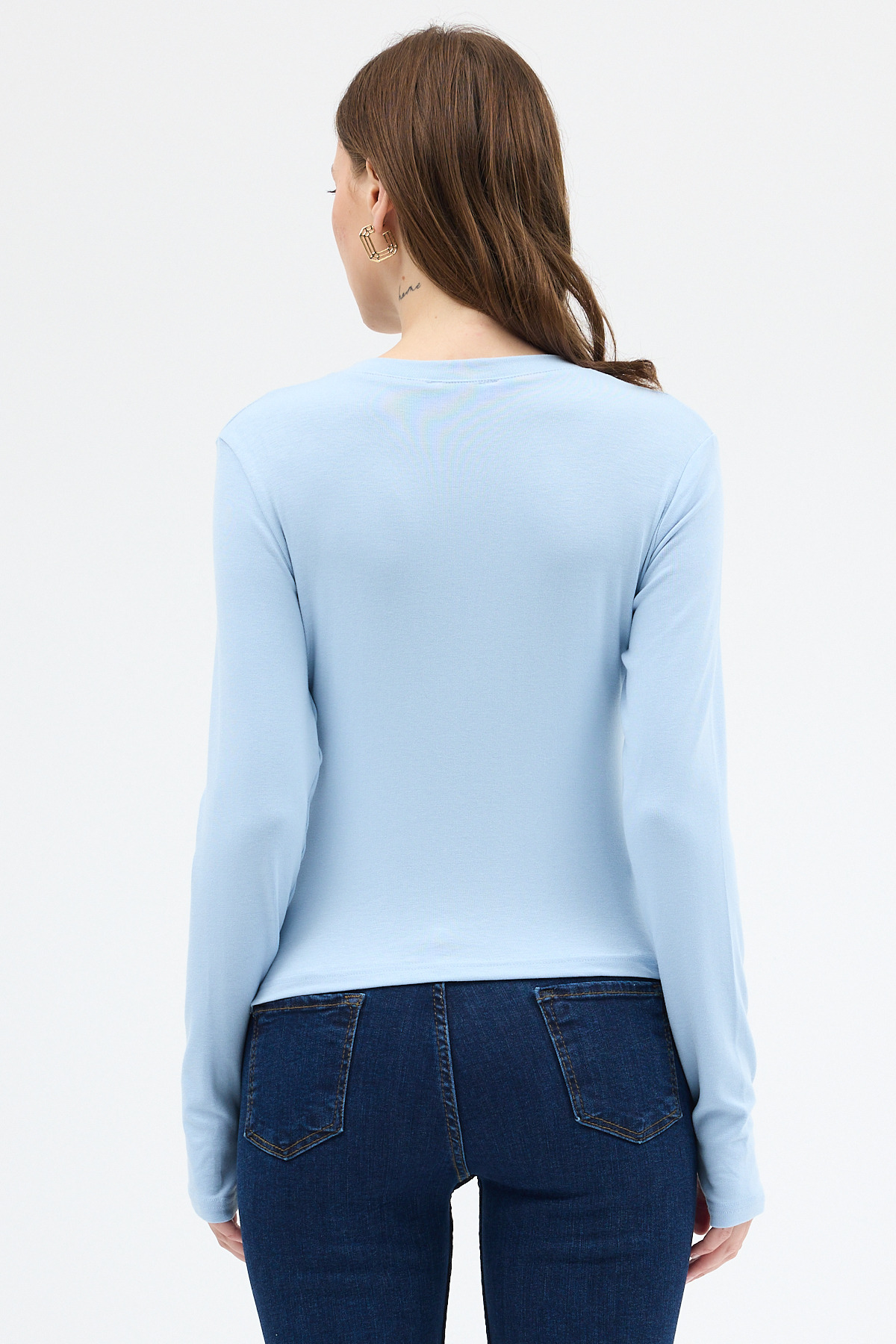 Mavi Premium/Viskoz Yumuşak Kumaşlı Parmak Geçmeli Crop Bluz 8162A - 5