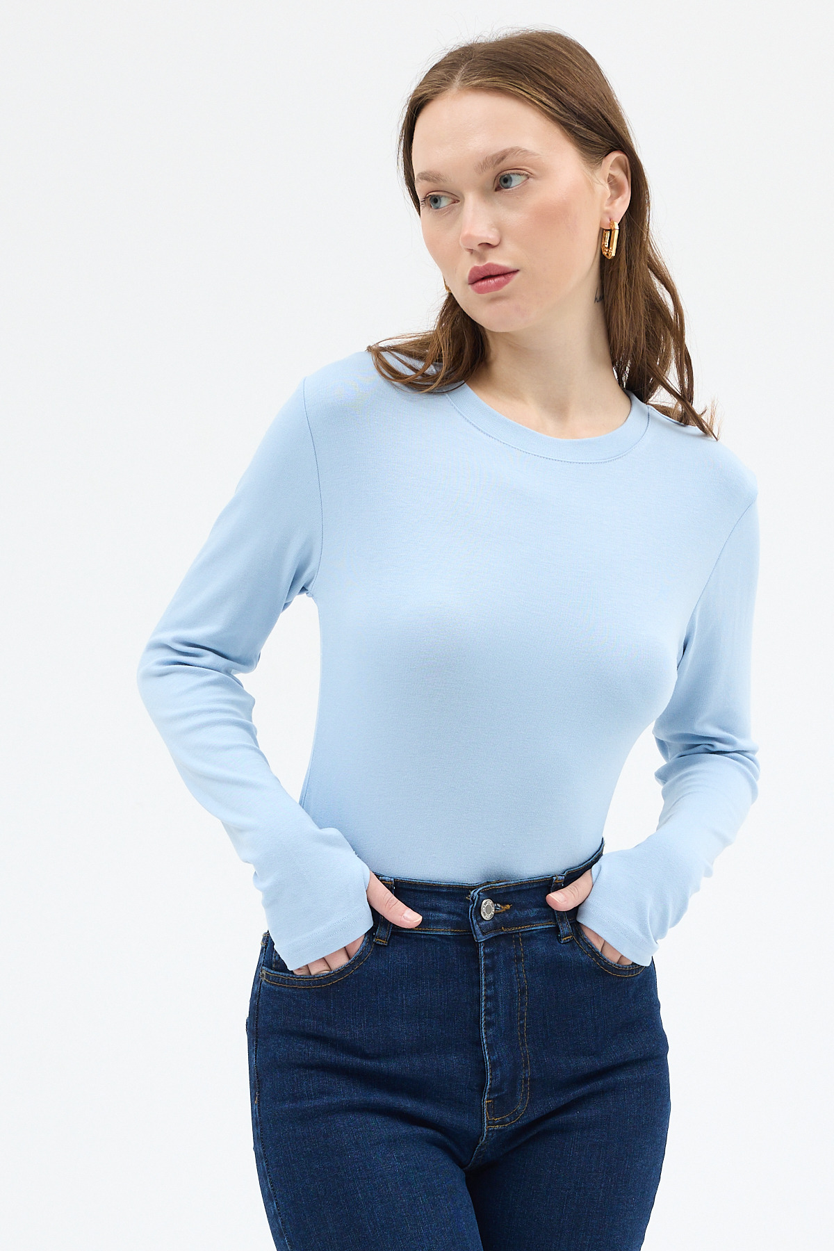 Mavi Premium/Viskoz Yumuşak Kumaşlı Parmak Geçmeli Crop Bluz 8162A - 6