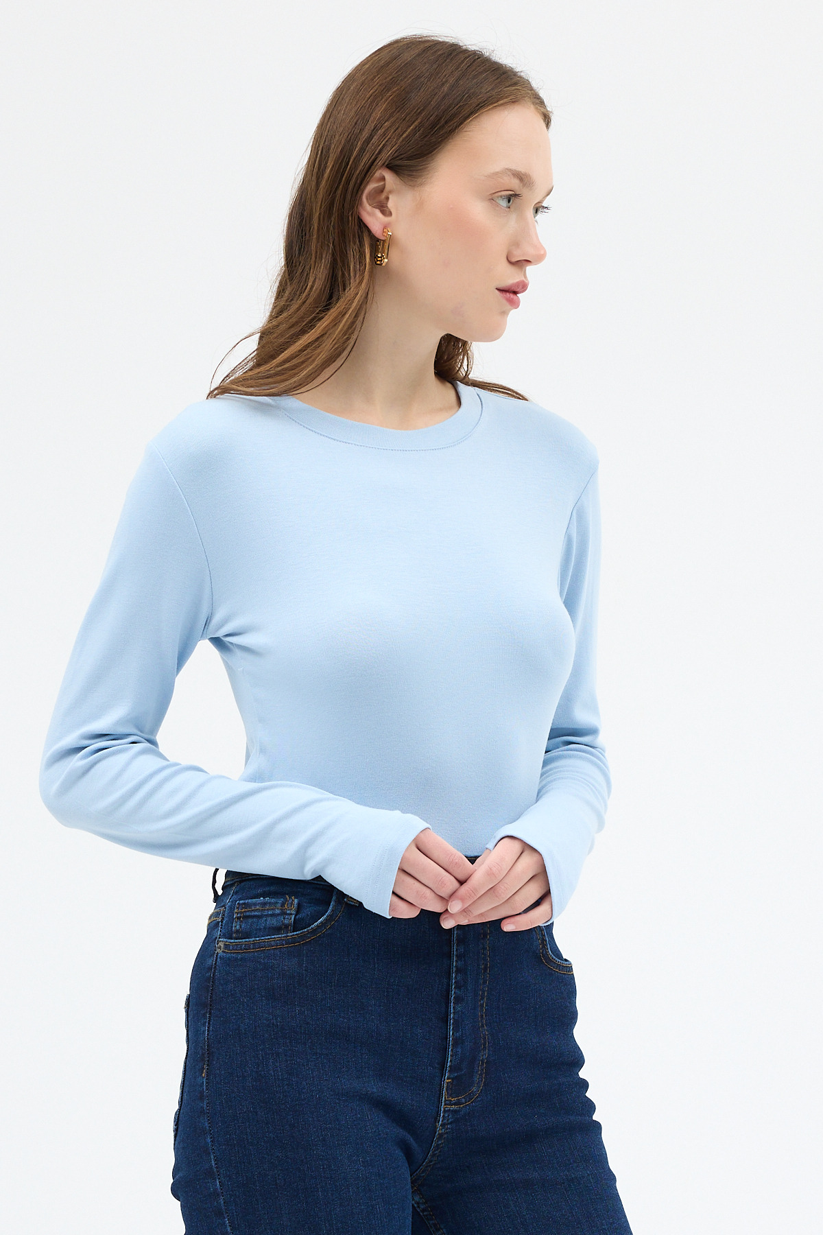Mavi Premium/Viskoz Yumuşak Kumaşlı Parmak Geçmeli Crop Bluz 8162A - RAYS