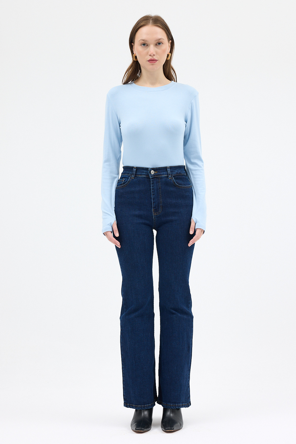 Mavi Premium/Viskoz Yumuşak Kumaşlı Parmak Geçmeli Crop Bluz 8162A - 3