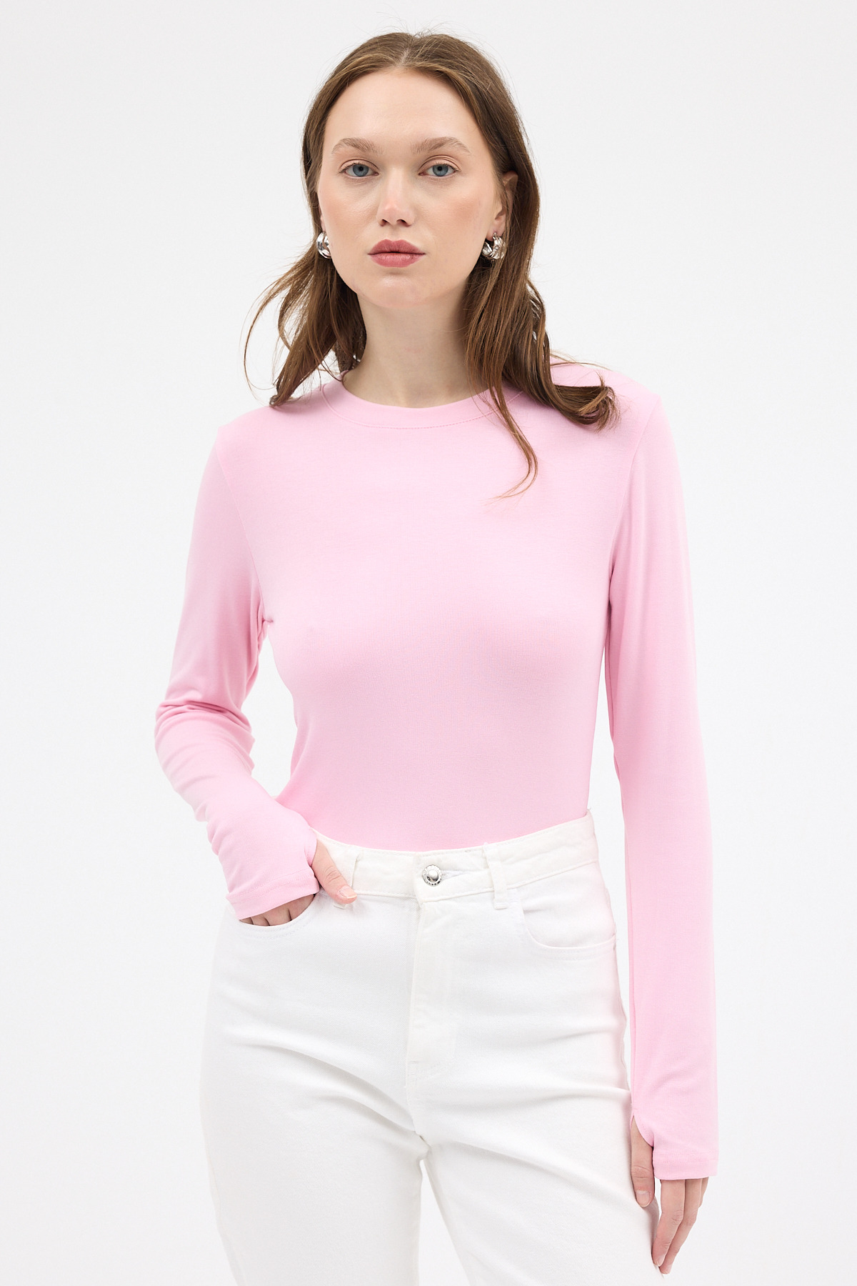Pembe Premium/Viskoz Yumuşak Kumaşlı Parmak Geçmeli Crop Bluz 8162A - 1