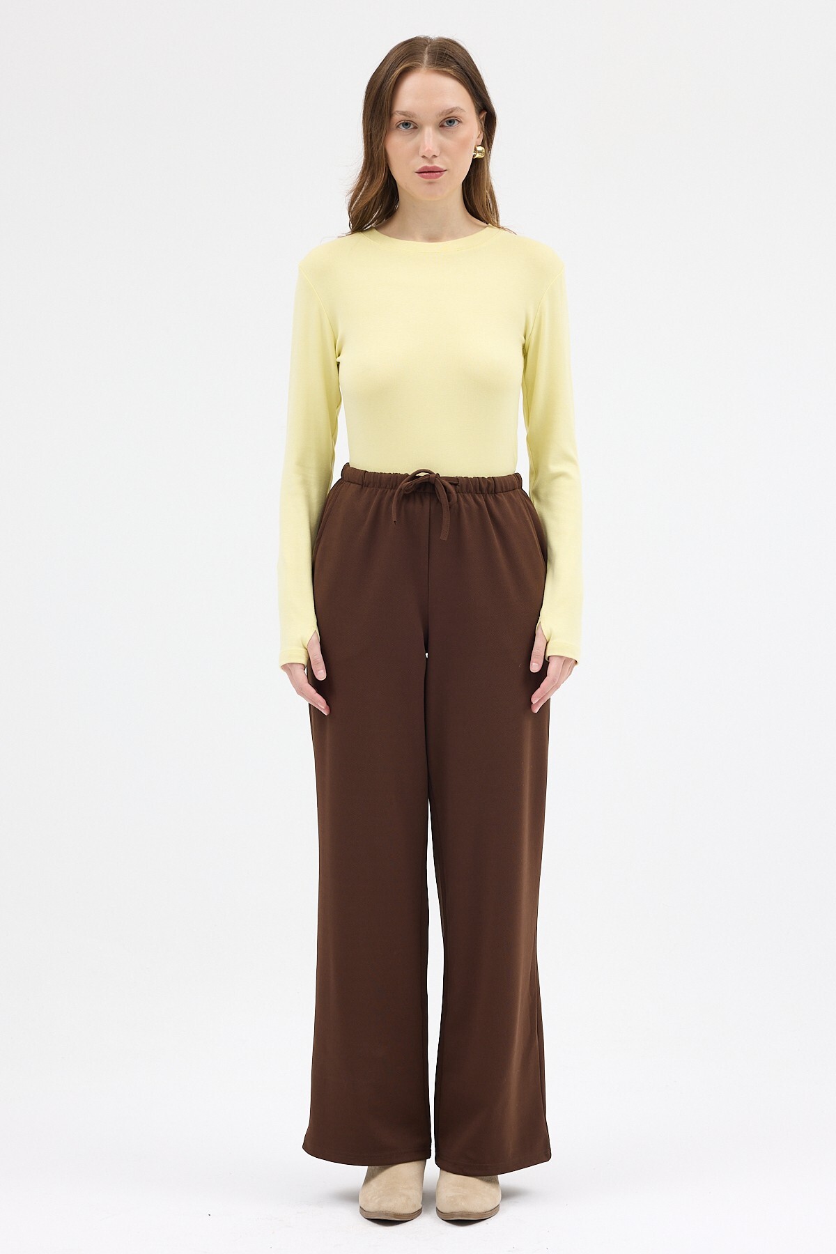 Sarı Premium/Viskoz Yumuşak Kumaşlı Parmak Geçmeli Crop Bluz 8162A - 3