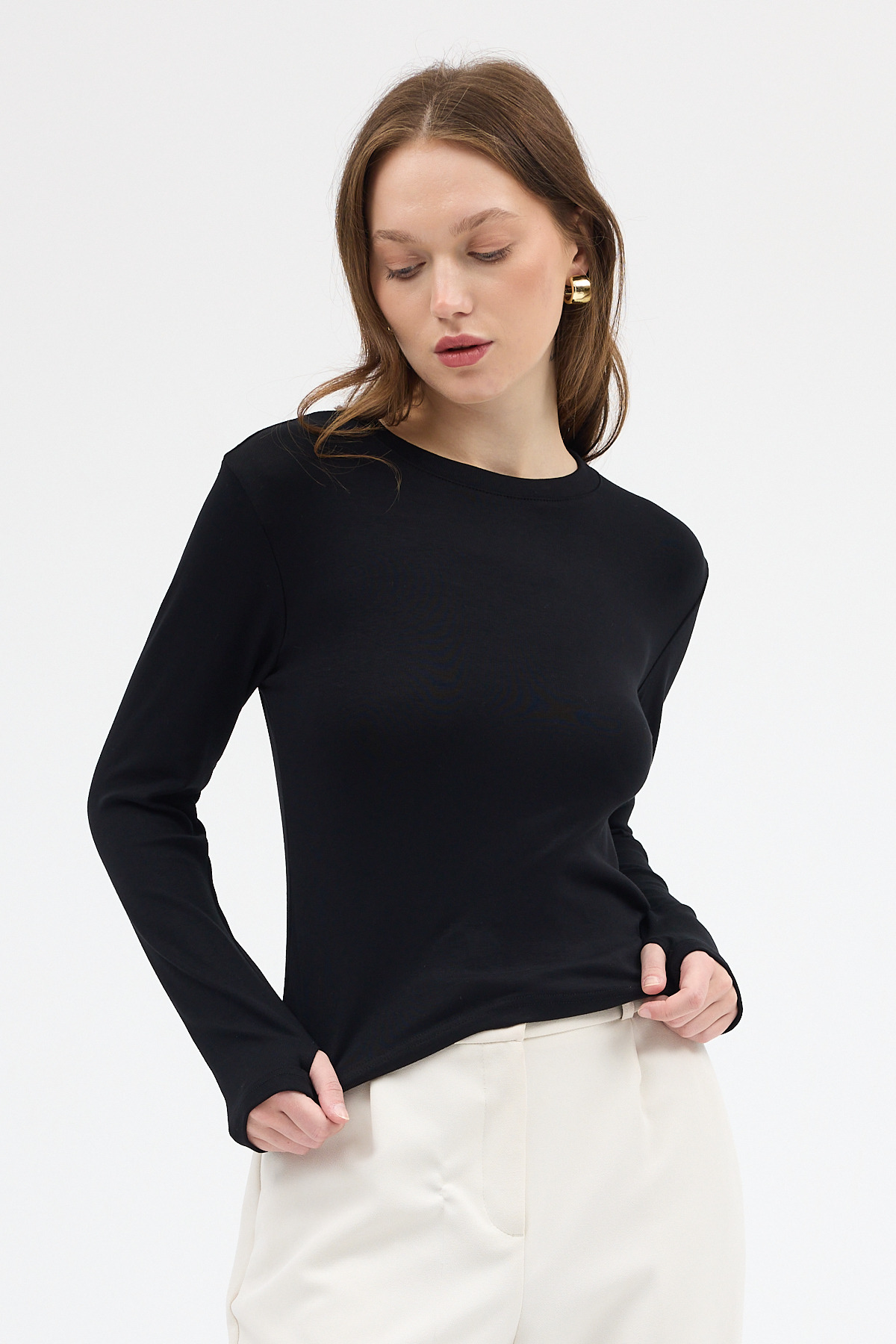 Siyah Premium/Viskoz Yumuşak Kumaşlı Parmak Geçmeli Crop Bluz 8162A - 6