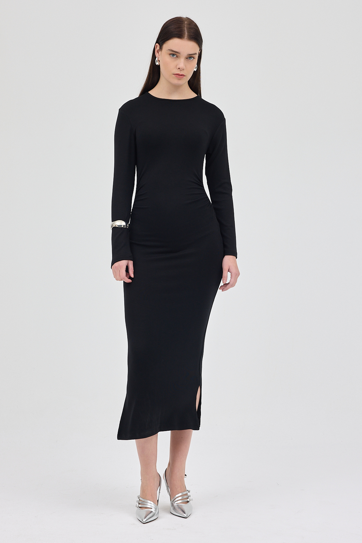 Siyah Önden Büzgülü Elbise 8171A - RAYS