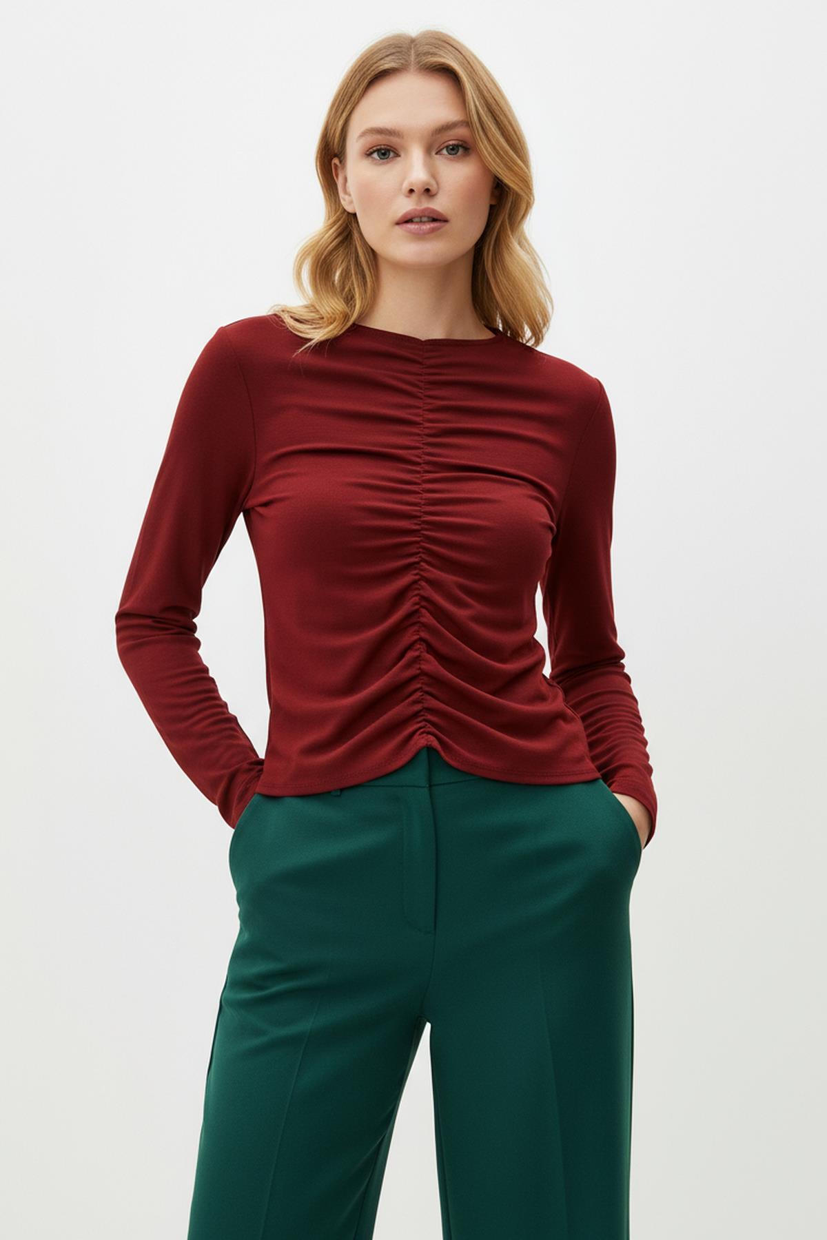 8178A Ön Büzgülü Bluz Bordo - 1