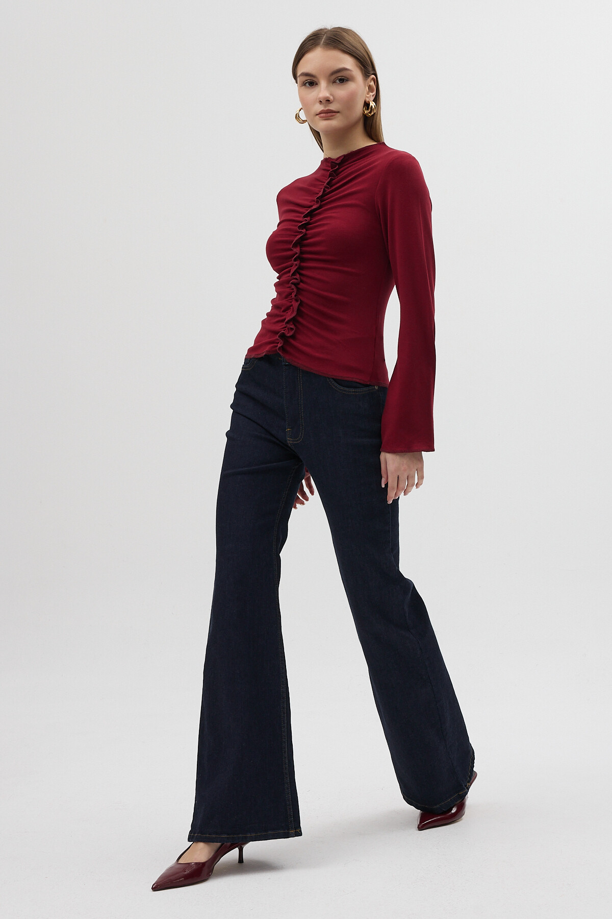 Bordo Ön Büzgülü Uzun Kollu Bluz 8178A - 2