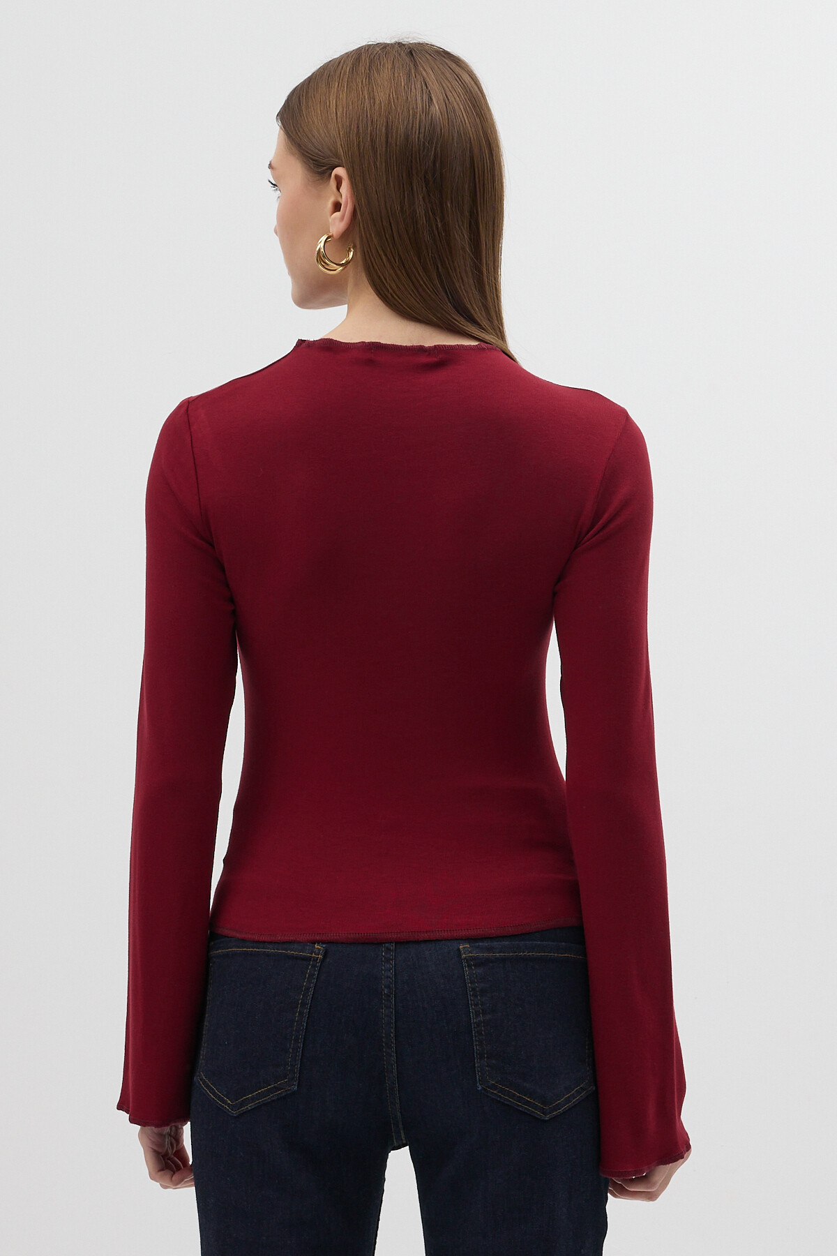 Bordo Ön Büzgülü Uzun Kollu Bluz 8178A - 4