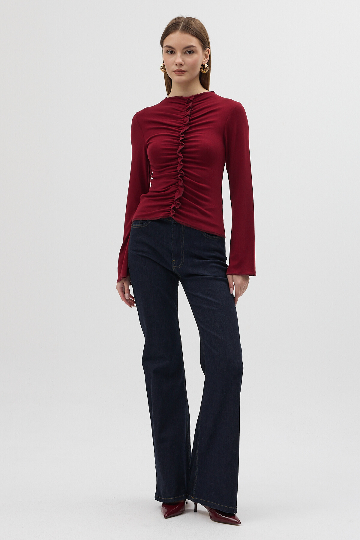 Bordo Ön Büzgülü Uzun Kollu Bluz 8178A - 5