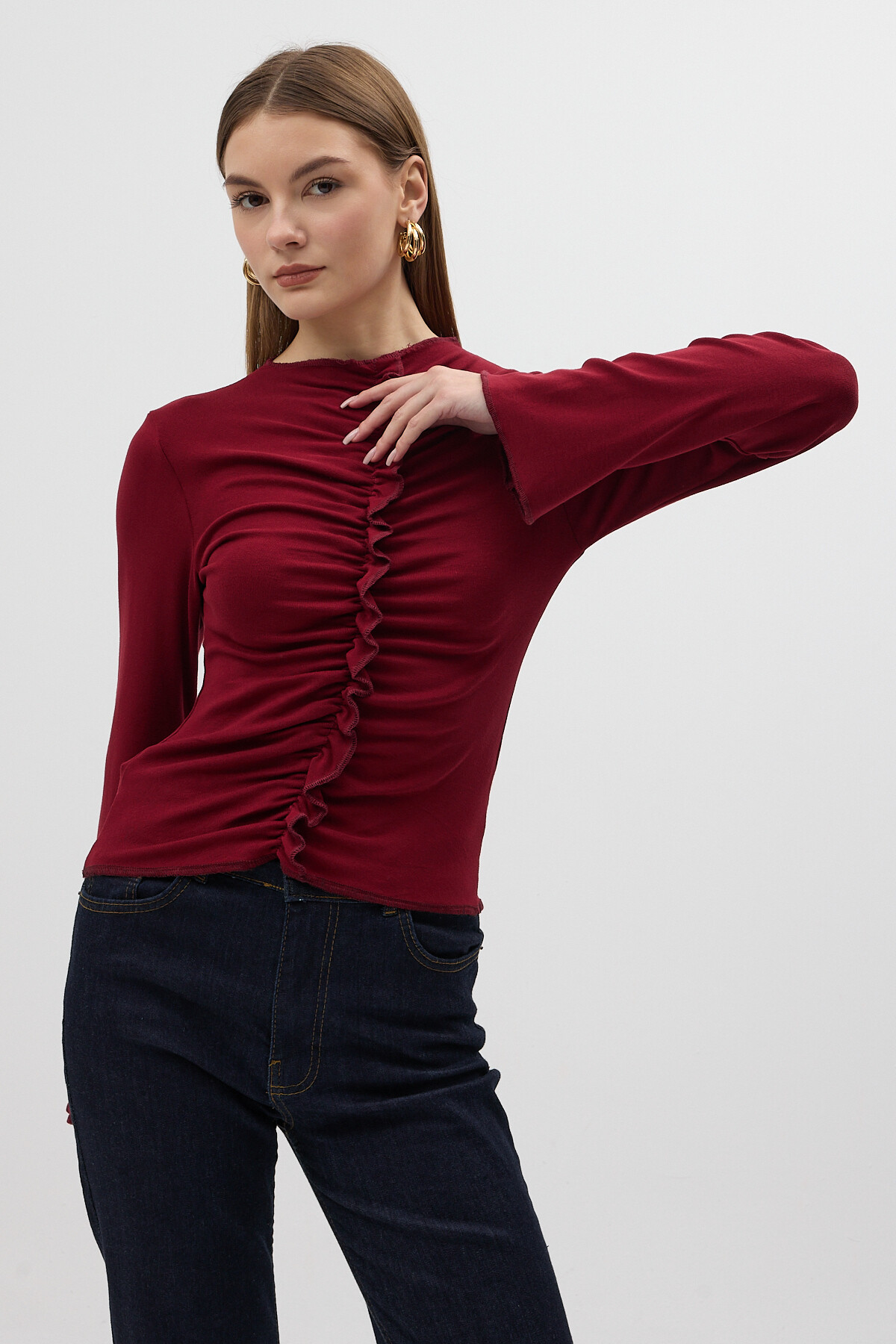 Bordo Ön Büzgülü Uzun Kollu Bluz 8178A 