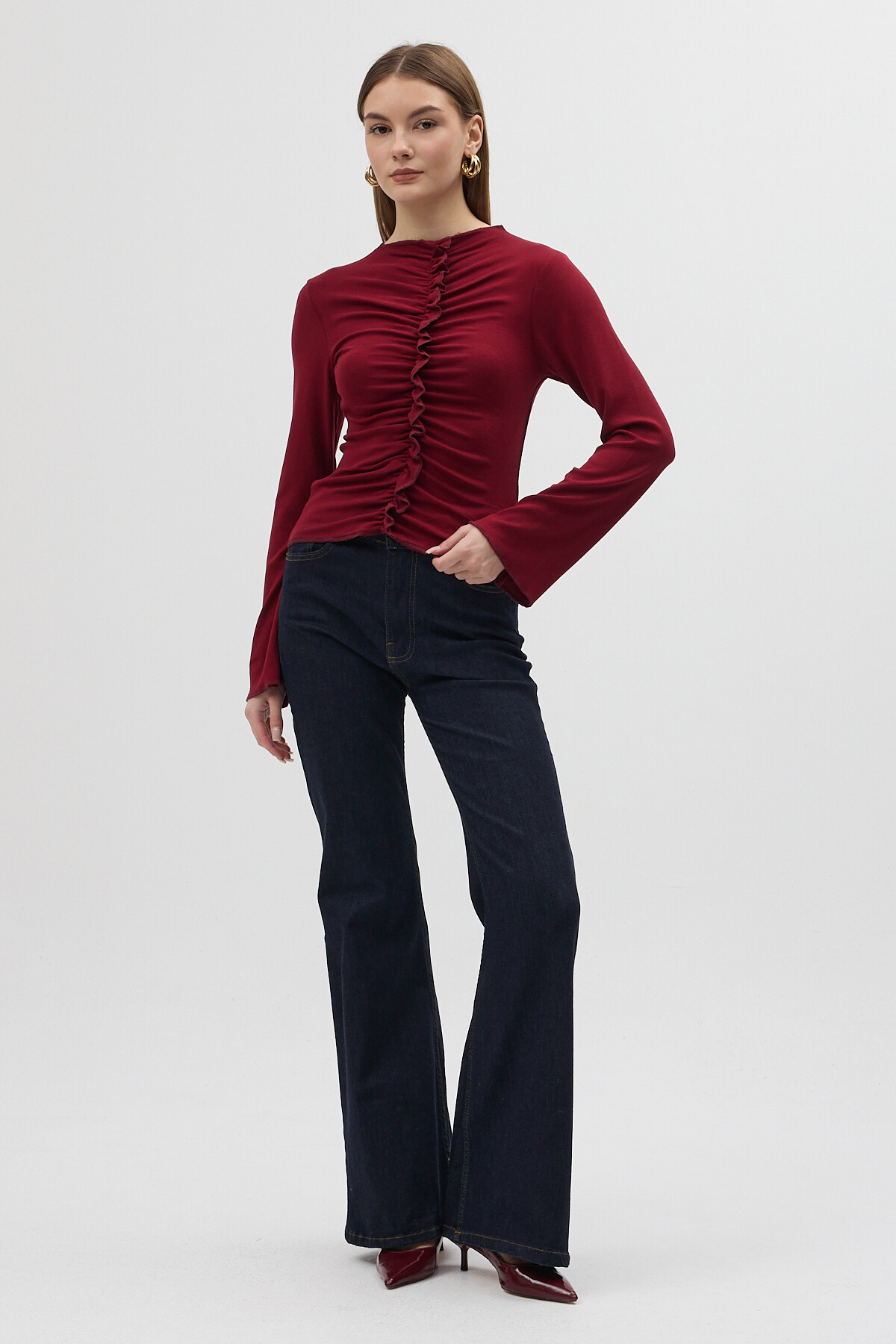 Bordo Ön Büzgülü Uzun Kollu Bluz 8178A - 3