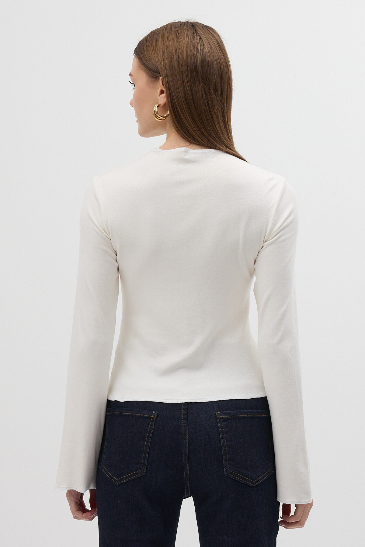 Ekru Ön Büzgülü Uzun Kollu Bluz 8178A - 4