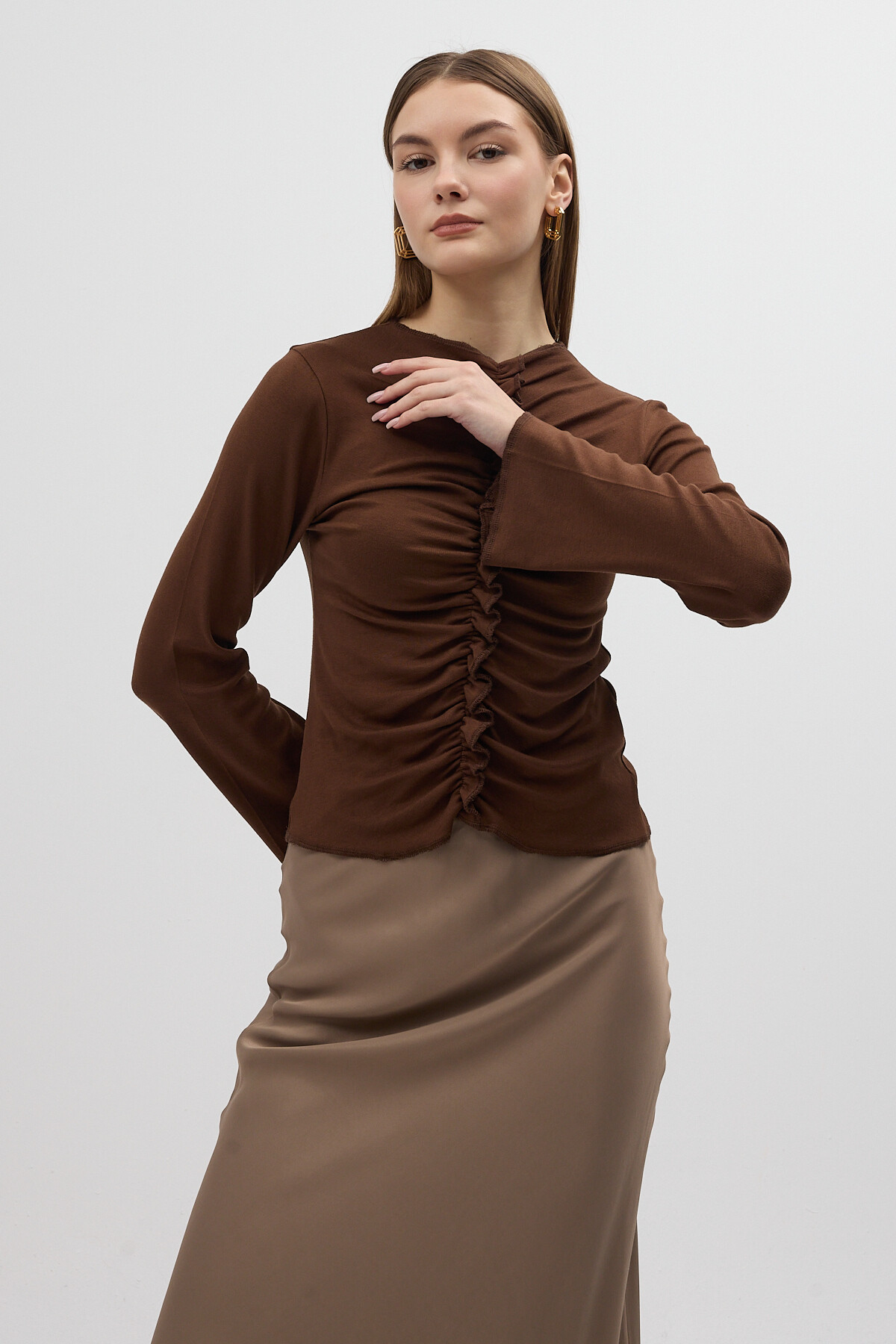 Kaherengi Ön Büzgülü Uzun Kollu Bluz 8178A 