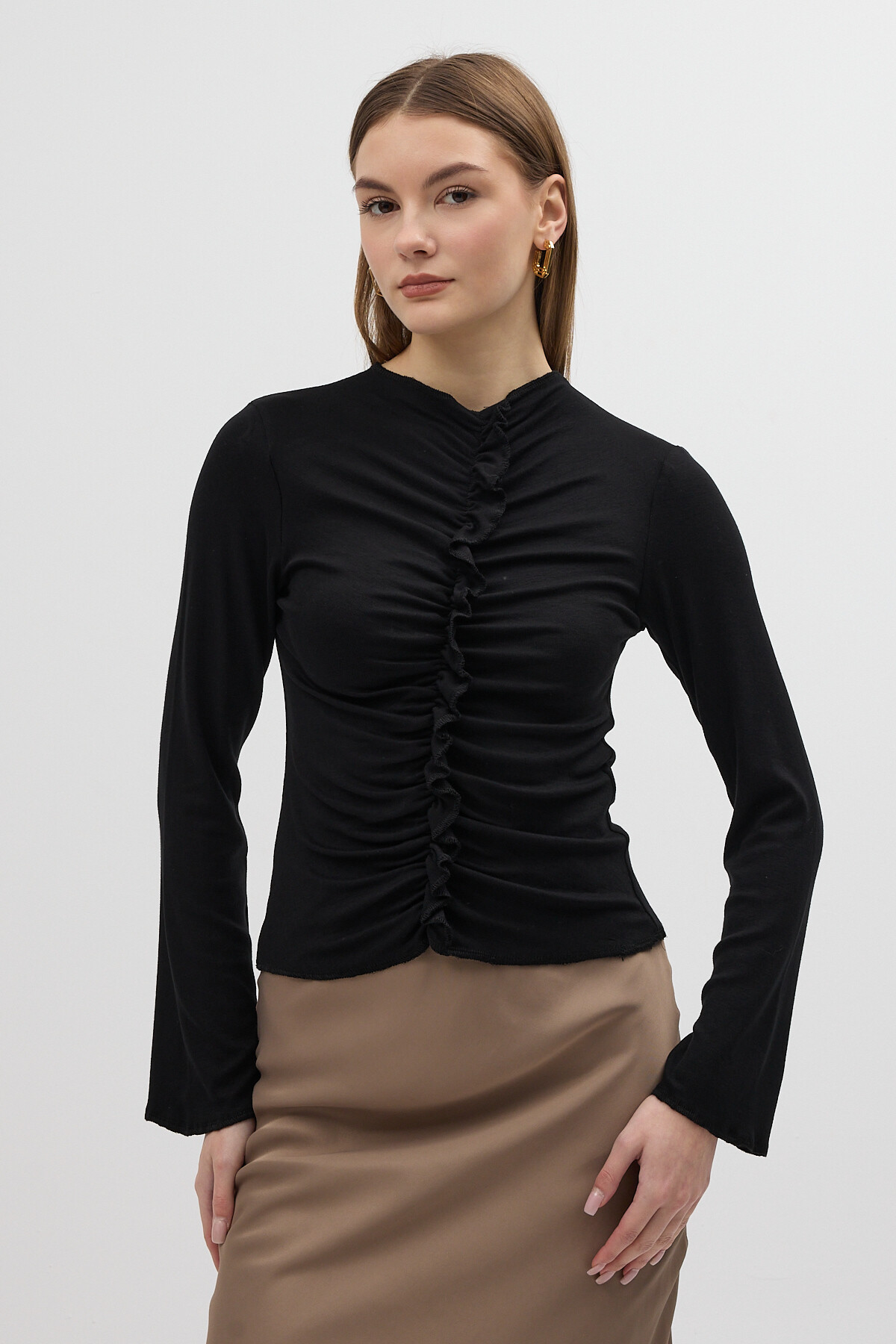 Siyah Ön Büzgülü Uzun Kollu Bluz 8178A 