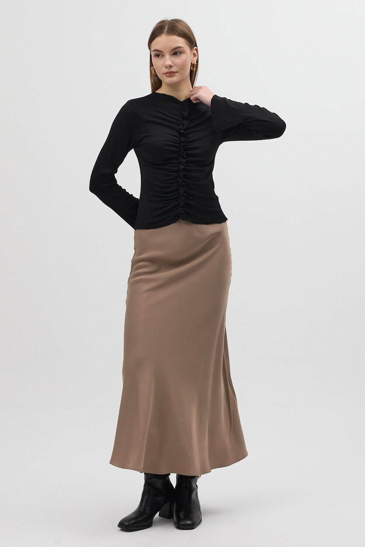 Siyah Ön Büzgülü Uzun Kollu Bluz 8178A - 3