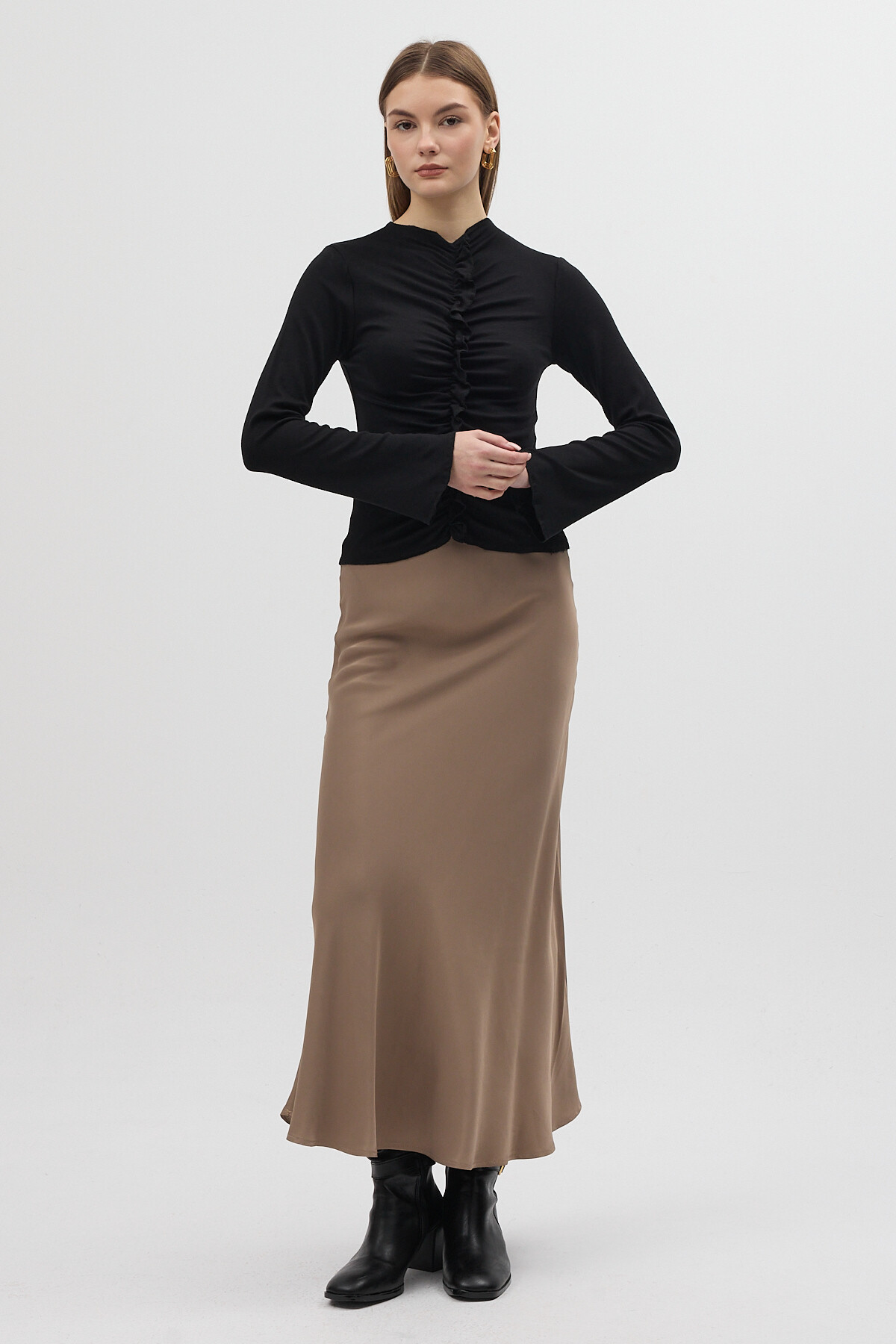 Siyah Ön Büzgülü Uzun Kollu Bluz 8178A - 5