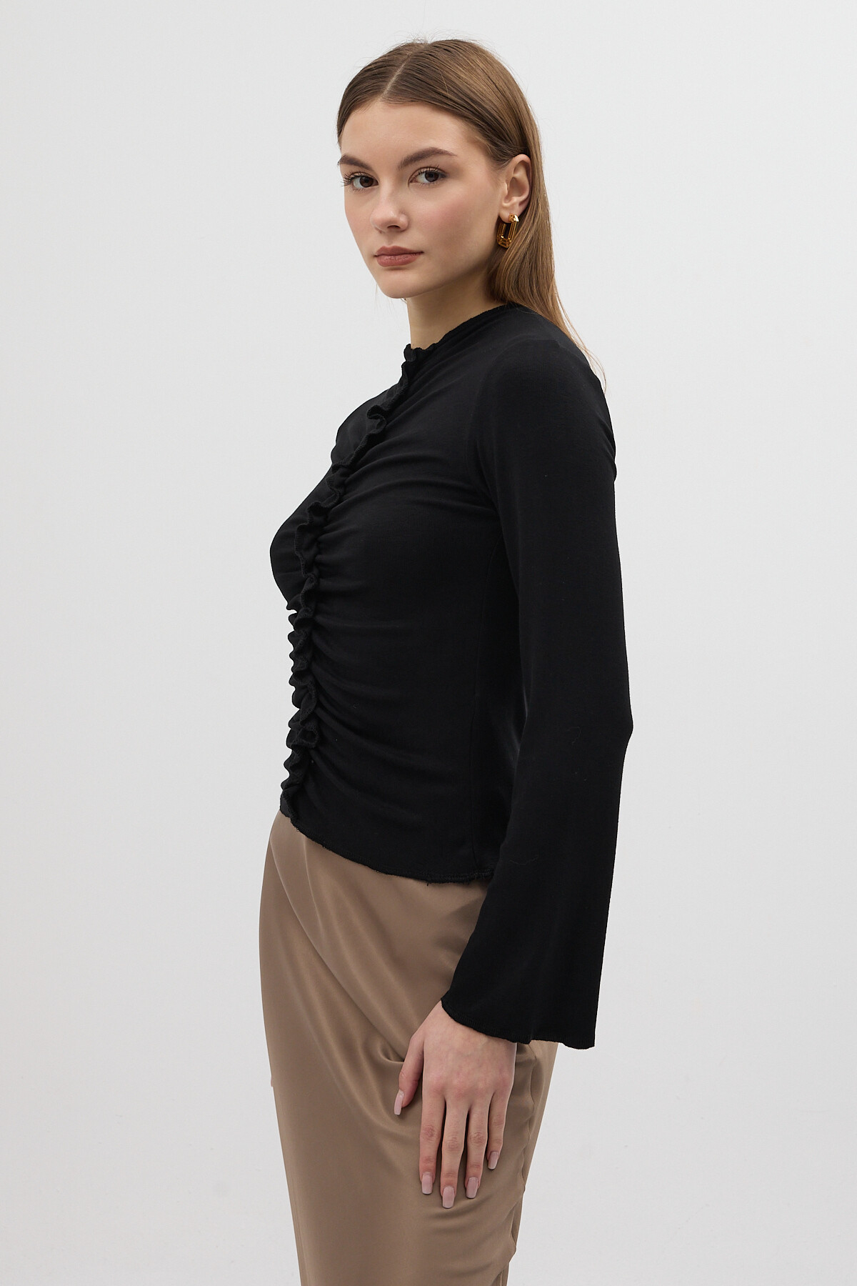 Siyah Ön Büzgülü Uzun Kollu Bluz 8178A - 2