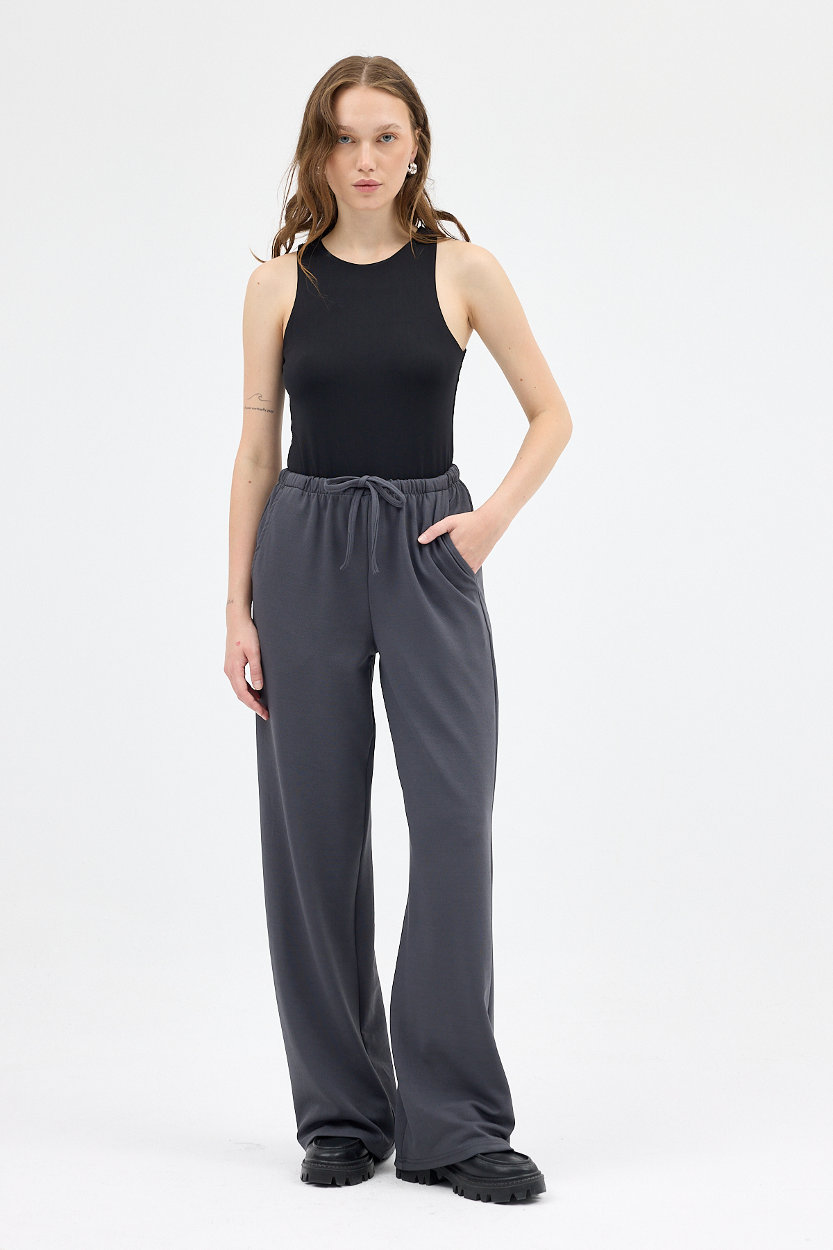 Antrasit Bel Lastikli Bol Paça Kadın Pantolon 8194A - RAYS