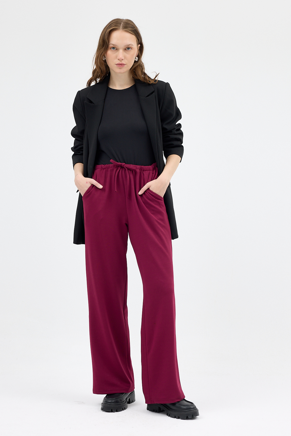 Bordo Bel Lastikli Bol Paça Kadın Pantolon 8194A - 1