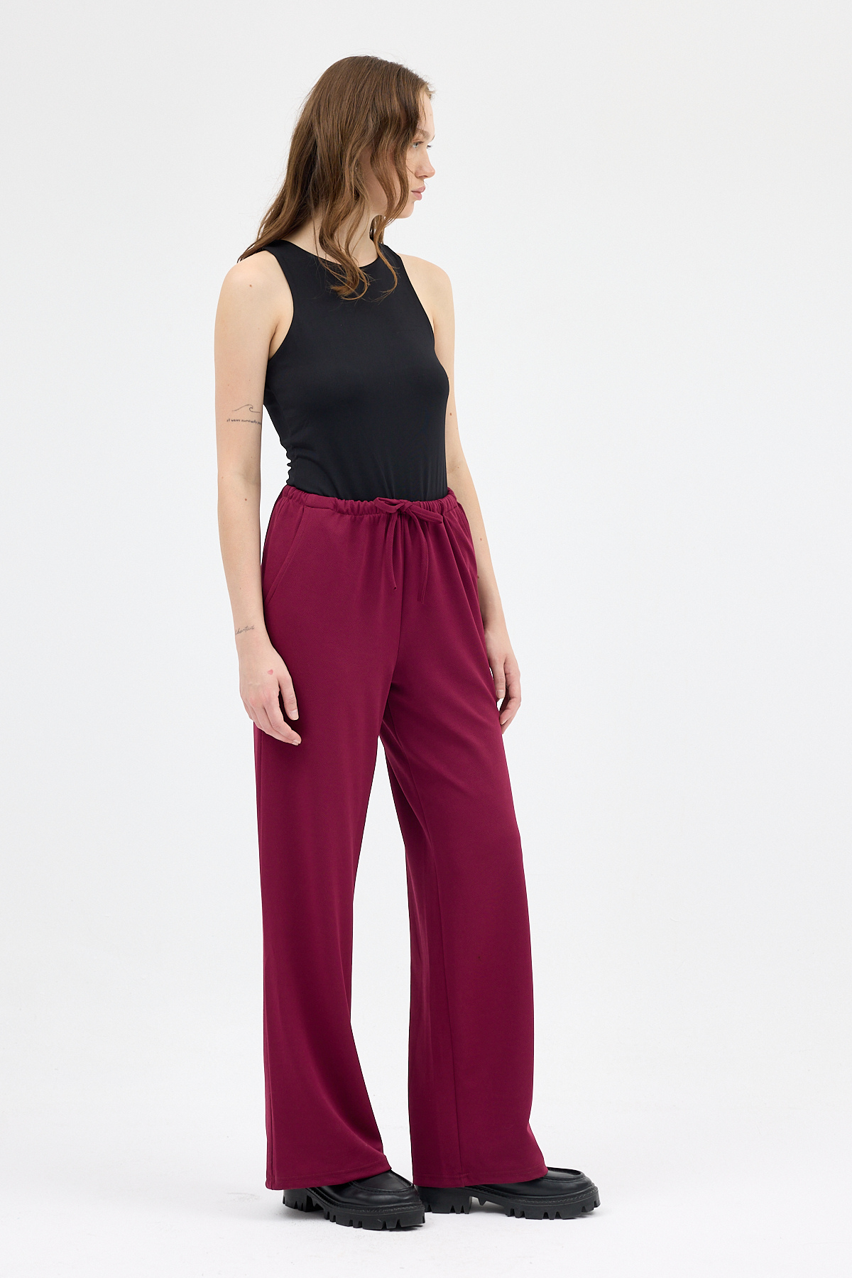 Bordo Bel Lastikli Bol Paça Kadın Pantolon 8194A - 2