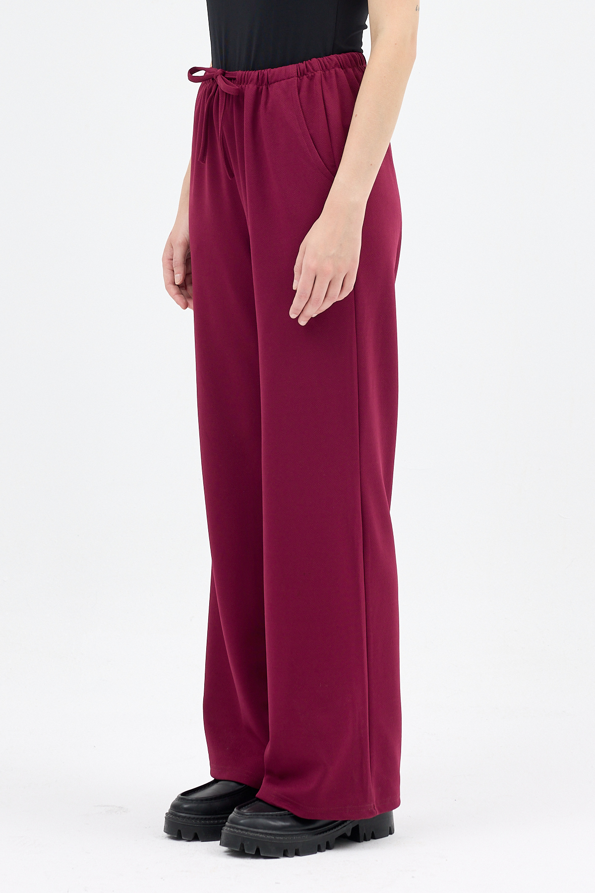 Bordo Bel Lastikli Bol Paça Kadın Pantolon 8194A - 3