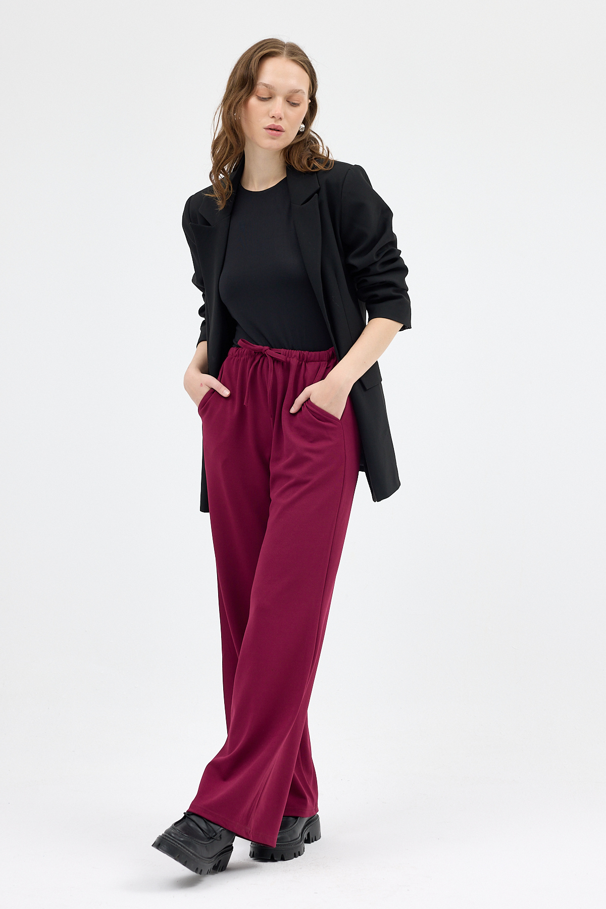 Bordo Bel Lastikli Bol Paça Kadın Pantolon 8194A - 6