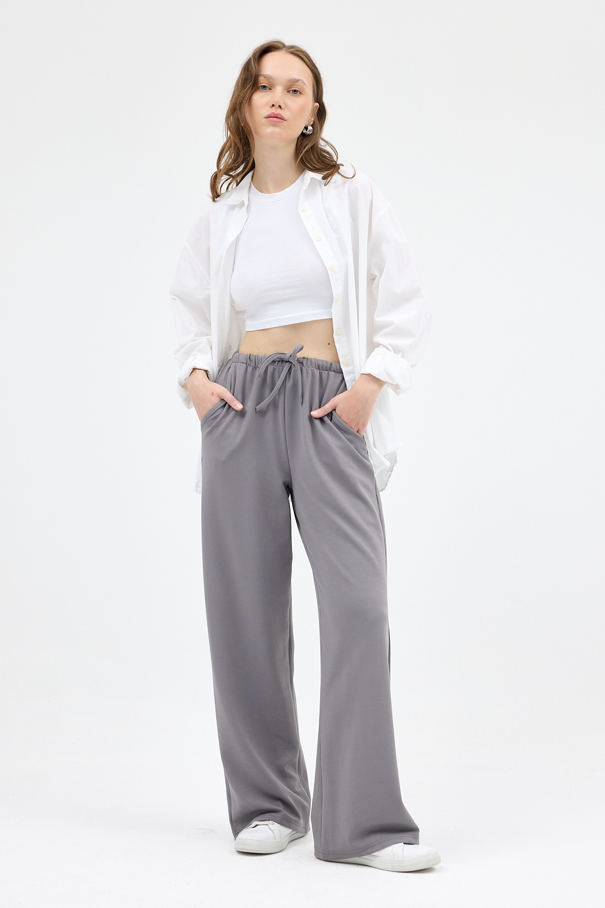 Gri Bel Lastikli Bol Paça Kadın Pantolon 8194A 