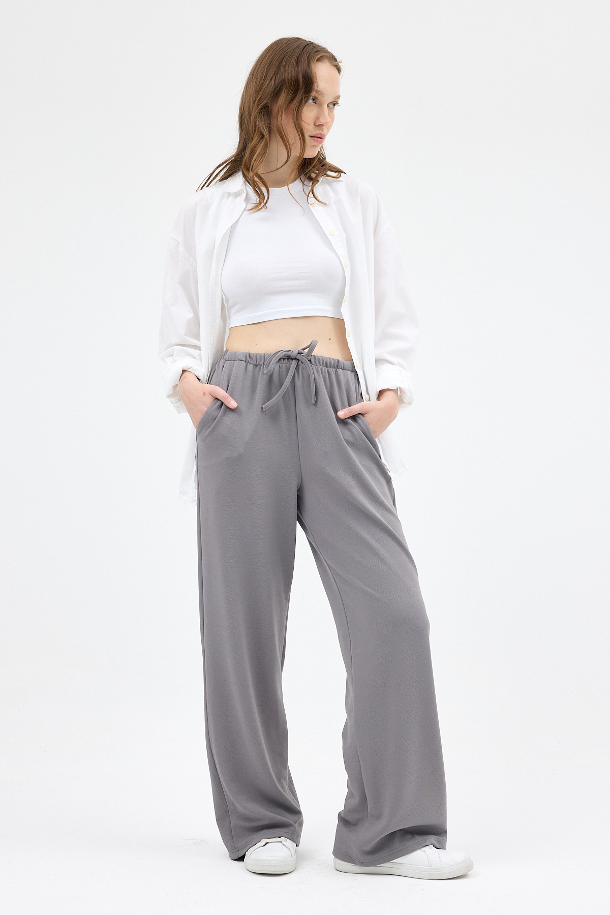 Gri Bel Lastikli Bol Paça Kadın Pantolon 8194A - 6