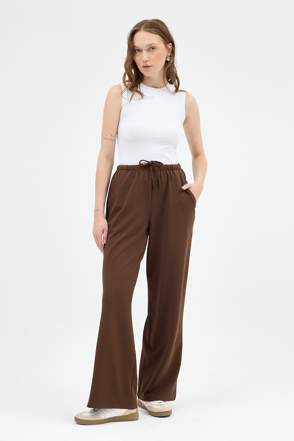 Kahve Bel Lastikli Bol Paça Kadın Pantolon 8194A - RAYS