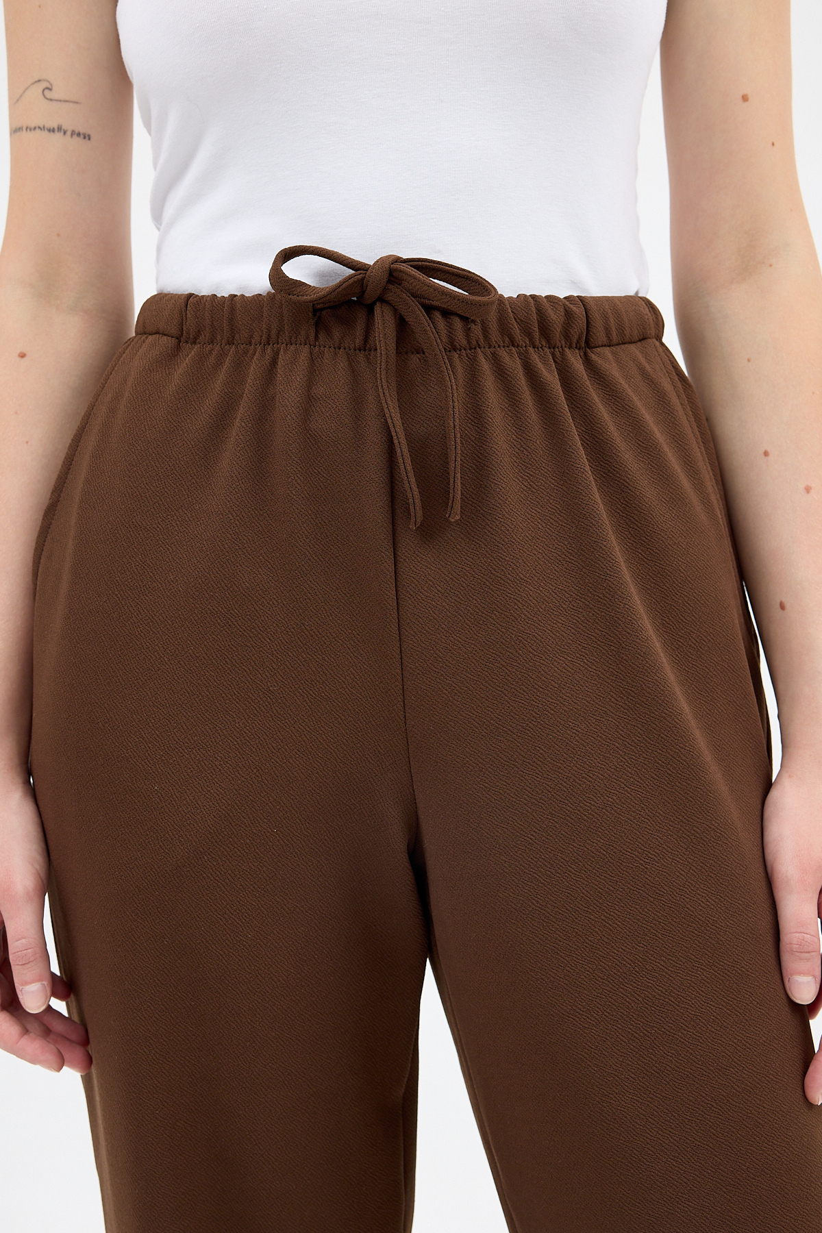 Kahve Bel Lastikli Bol Paça Kadın Pantolon 8194A - 4