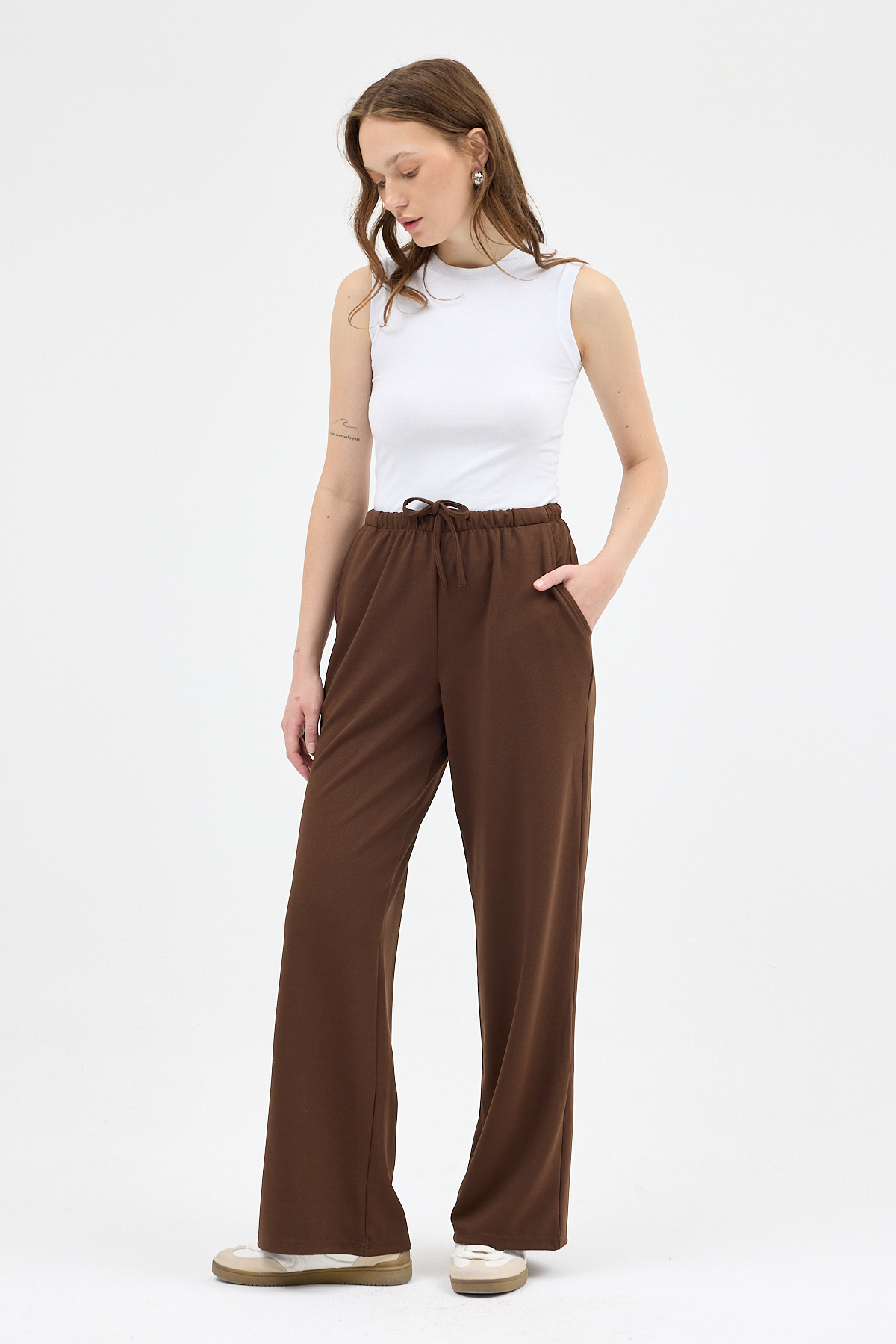 Kahve Bel Lastikli Bol Paça Kadın Pantolon 8194A - 7