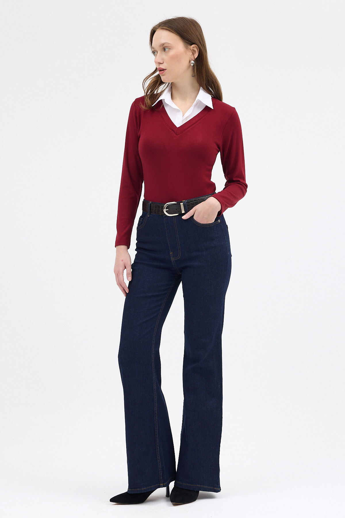 Bordo Yumuşak Dokulu Gömlek Yaka Görünümlü Bluz 8198A - 3