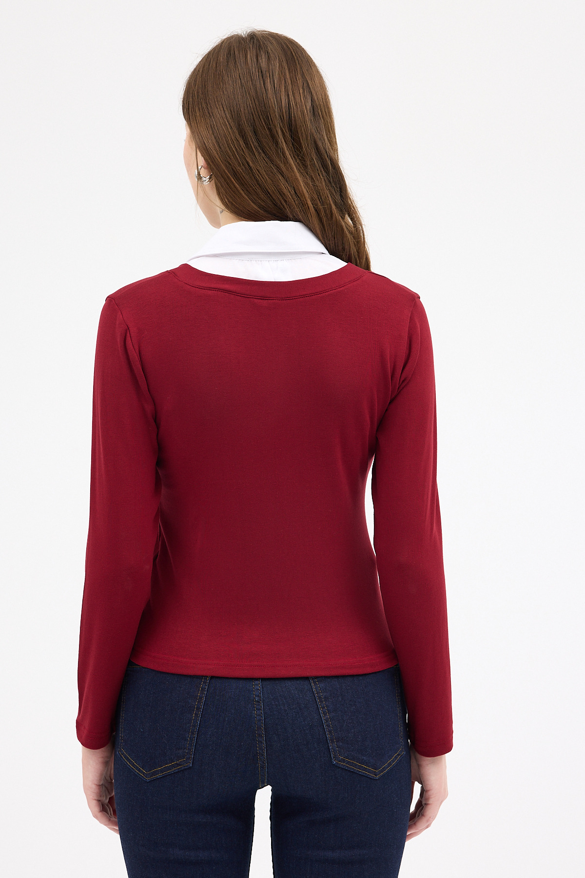 Bordo Yumuşak Dokulu Gömlek Yaka Görünümlü Bluz 8198A - 5
