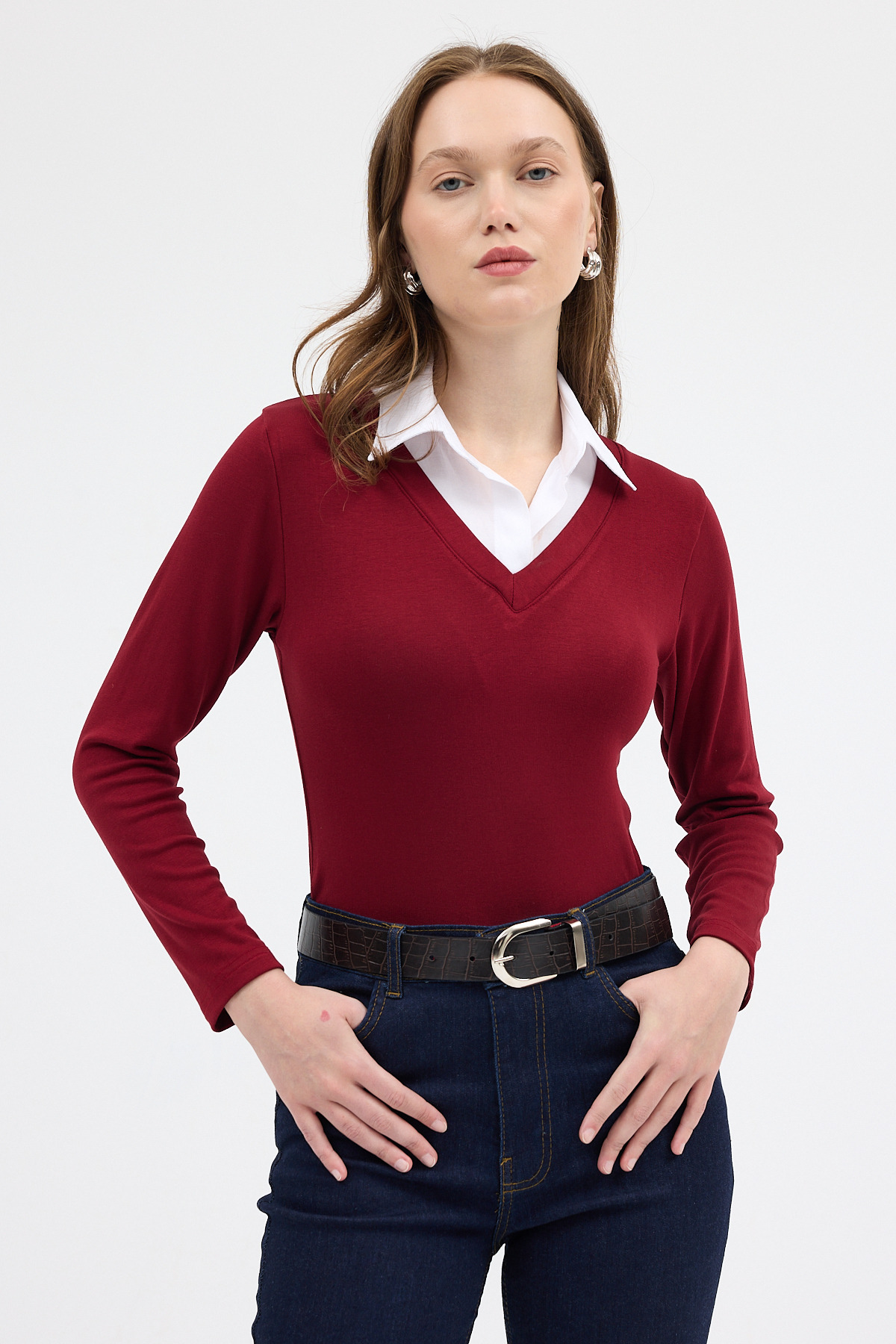 Bordo Yumuşak Dokulu Gömlek Yaka Görünümlü Bluz 8198A - 6