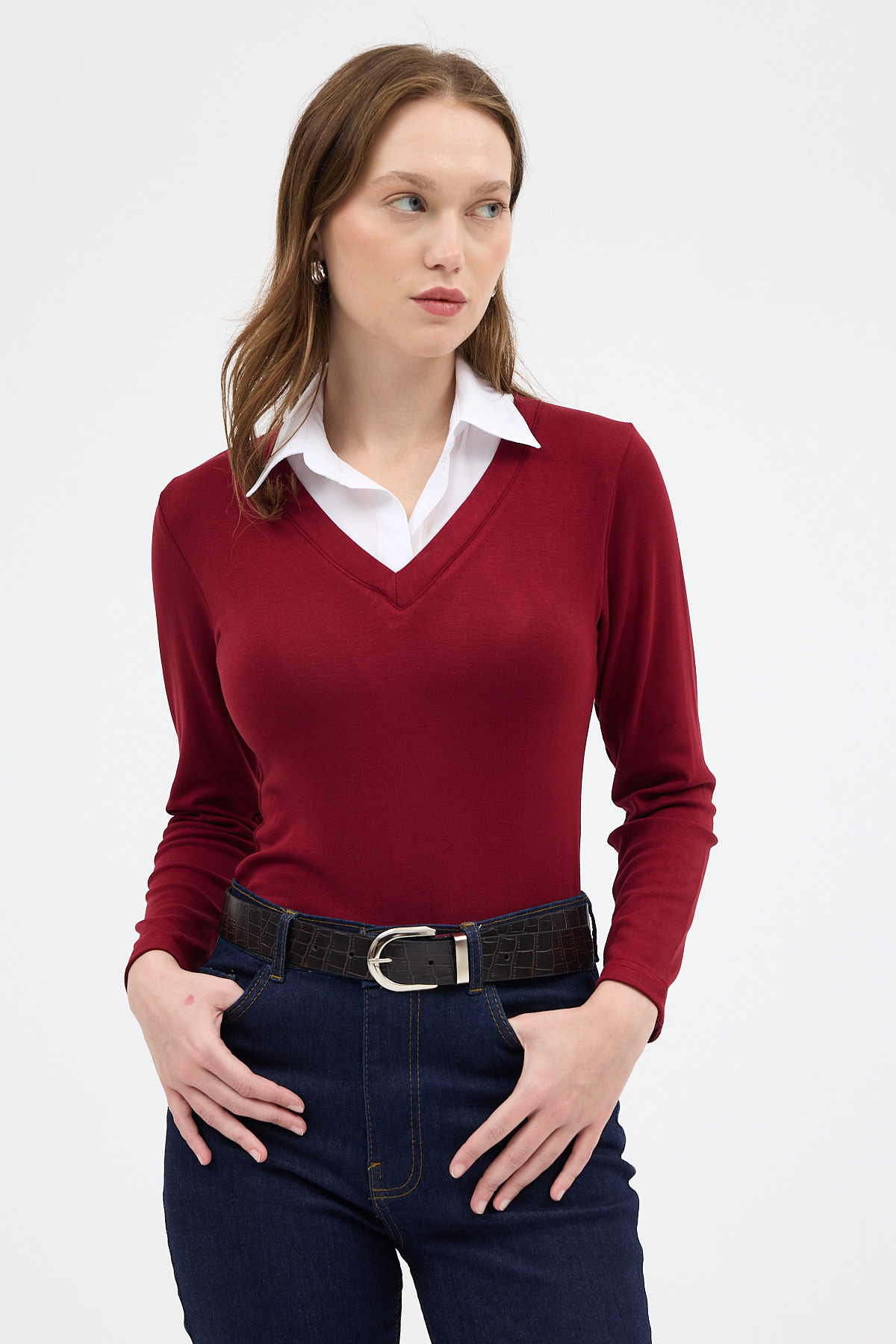 Bordo Yumuşak Dokulu Gömlek Yaka Görünümlü Bluz 8198A - 2