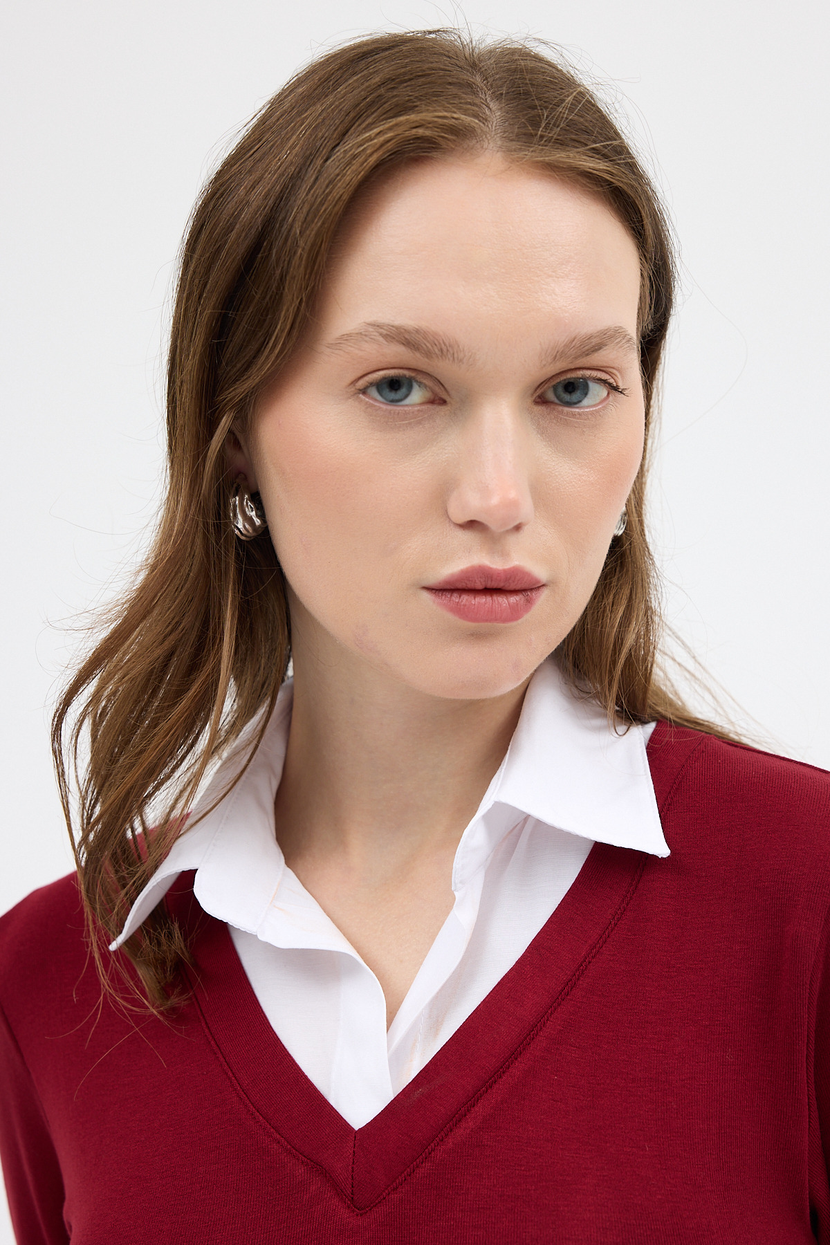 Bordo Yumuşak Dokulu Gömlek Yaka Görünümlü Bluz 8198A - 4