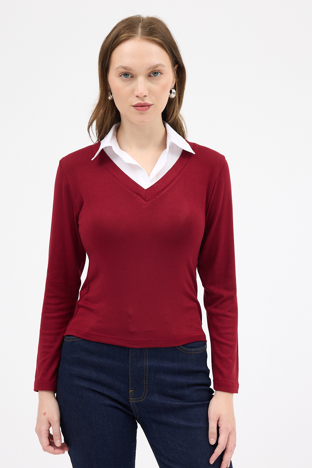 Bordo Yumuşak Dokulu Gömlek Yaka Görünümlü Bluz 8198A 