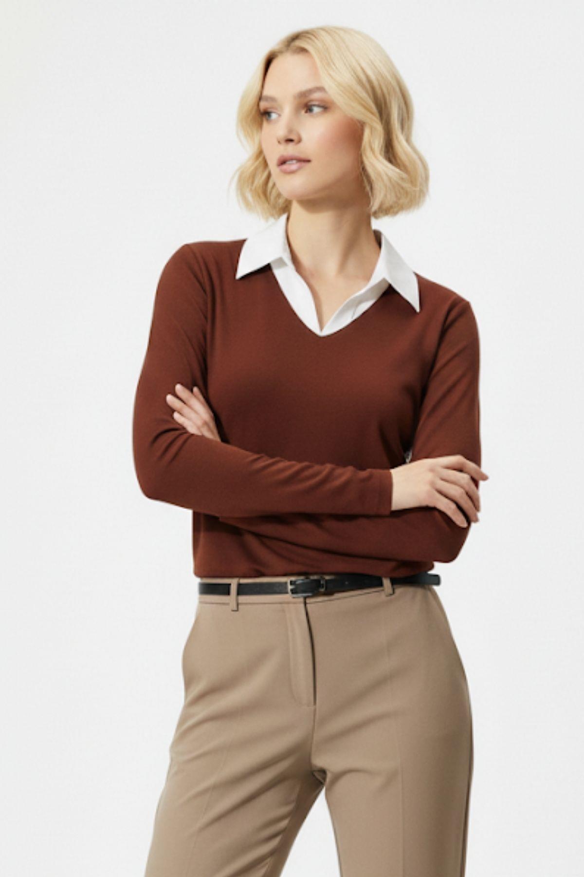 8198A Gömlek Yaka Bluz Kahve - RAYS