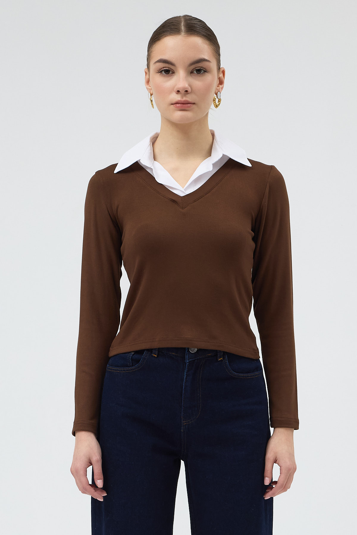 Kahverengi Yumuşak Dokulu Gömlek Yaka Görünümlü Bluz 8198A - 2