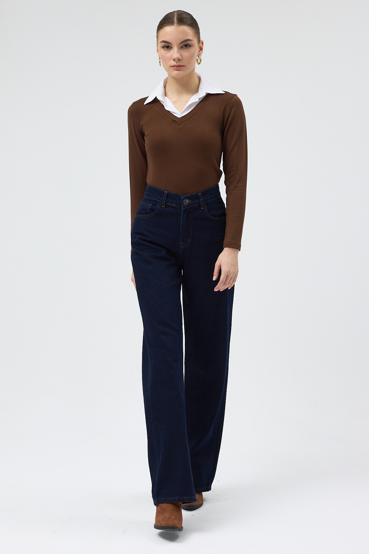 Kahverengi Yumuşak Dokulu Gömlek Yaka Görünümlü Bluz 8198A - 3