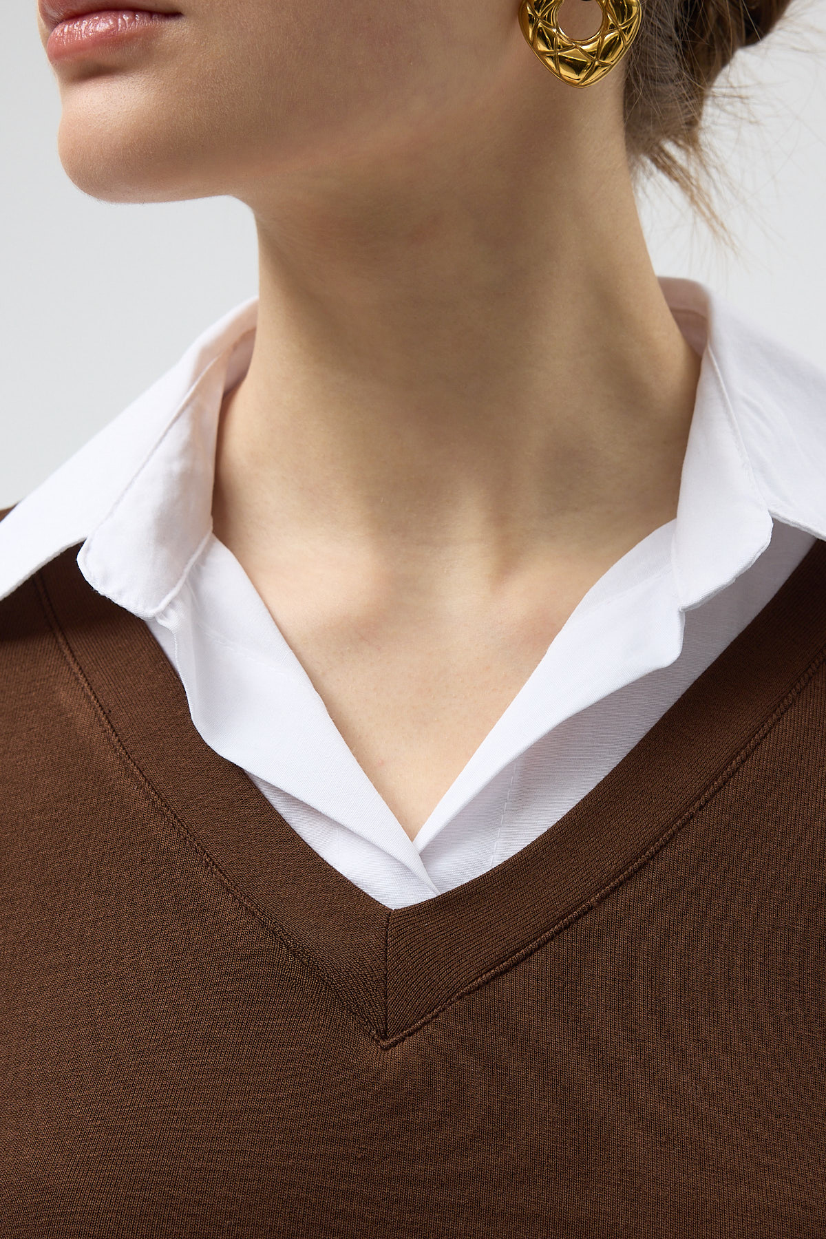 Kahverengi Yumuşak Dokulu Gömlek Yaka Görünümlü Bluz 8198A - 4